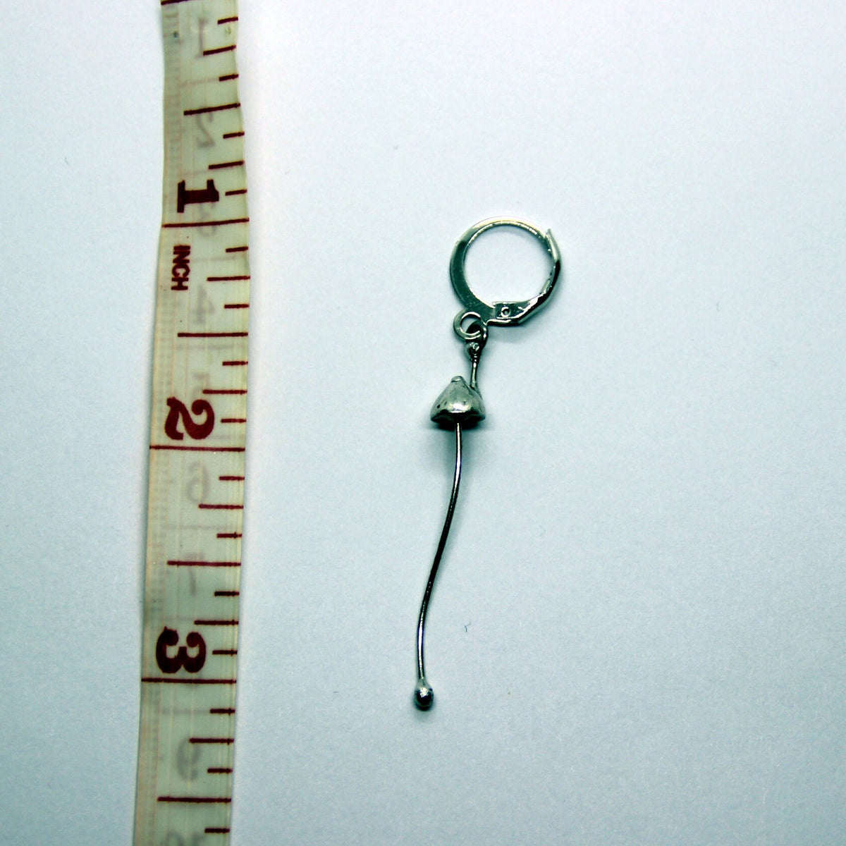 Silver Tone Mushroom Single Earring – Extra Long Curved Stem Minimalist