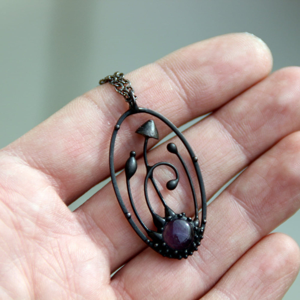 Amethyst Mushroom Necklace – Blackened Copper & Pewter Oval Forest Pendant – Botanical