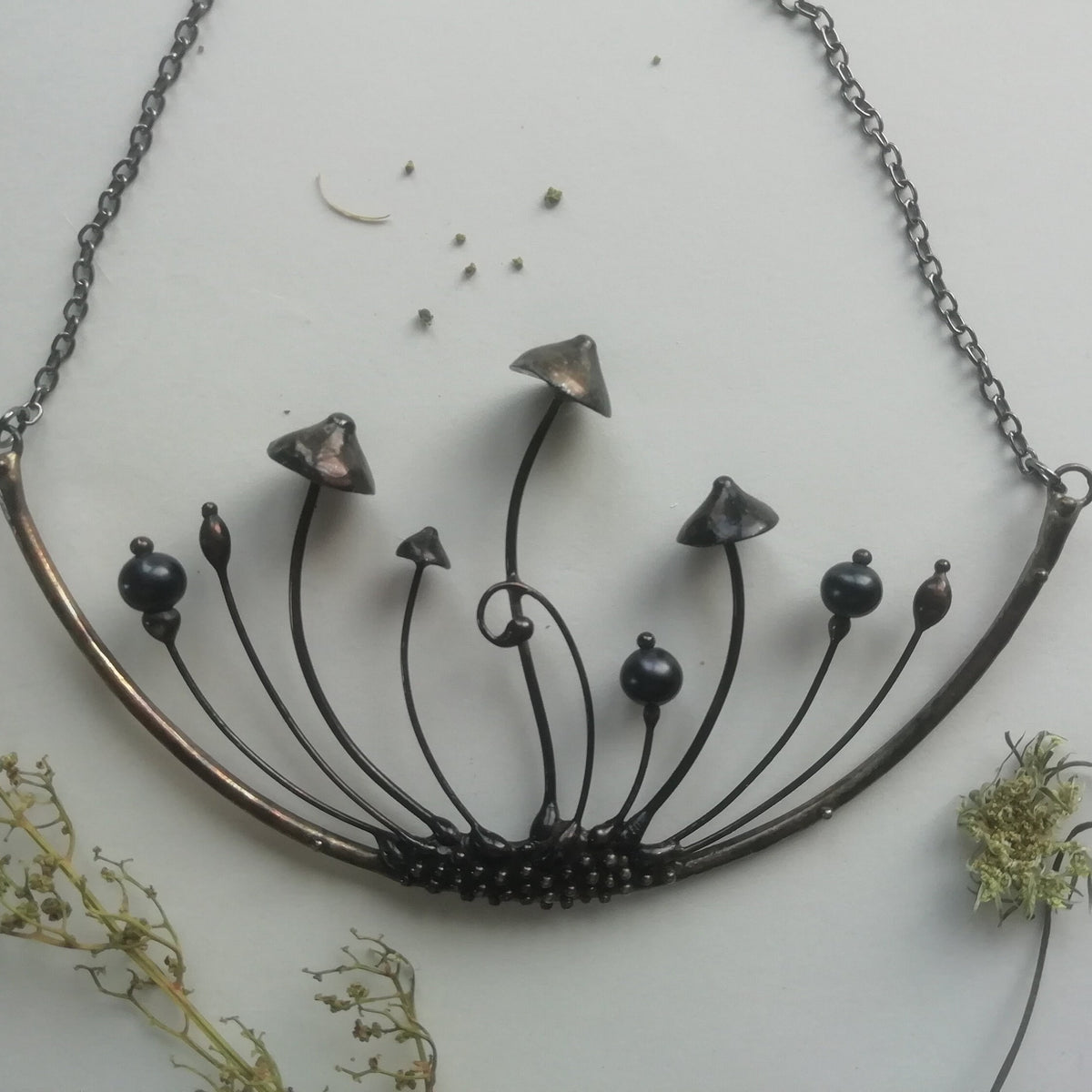 Large Hematite Mushroom Necklace – Blackened Copper