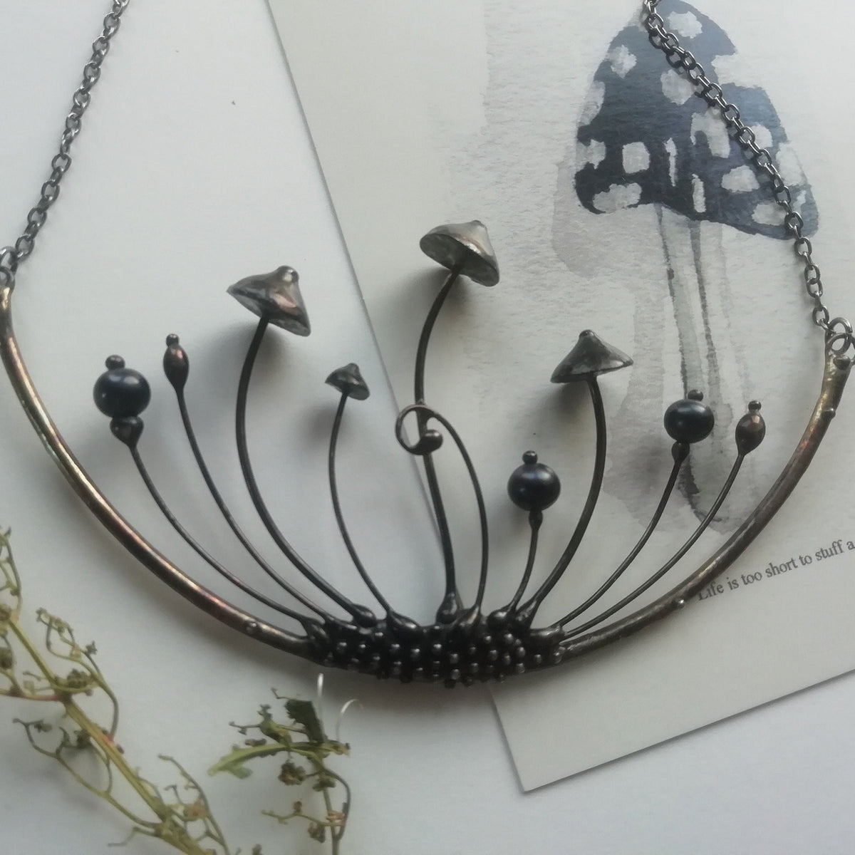 Large Hematite Mushroom Necklace – Blackened Copper