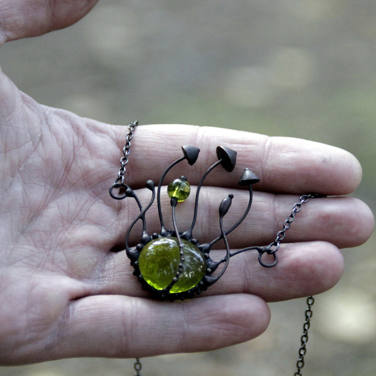 Green Glass Mushroom Necklace – Blackened Copper Fungi Pendant – Botanical Forest