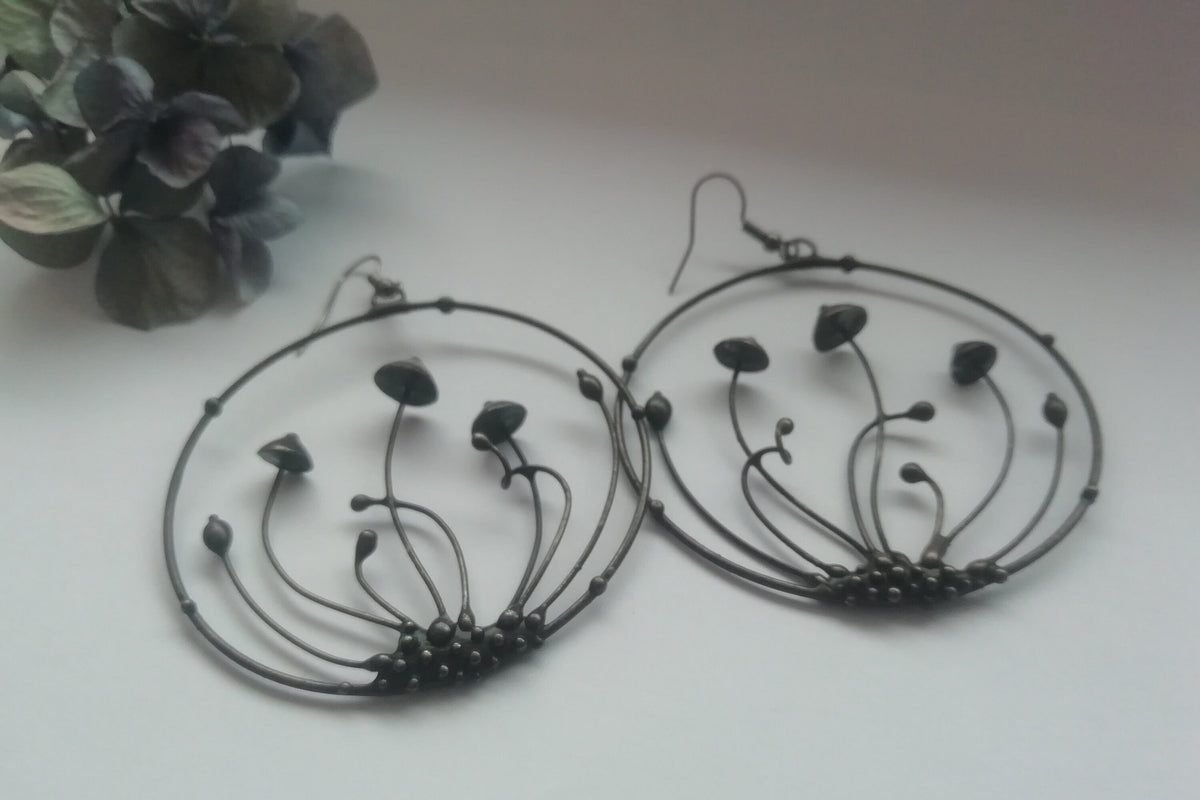 Large Mushroom Hoop Earrings – Blackened Copper