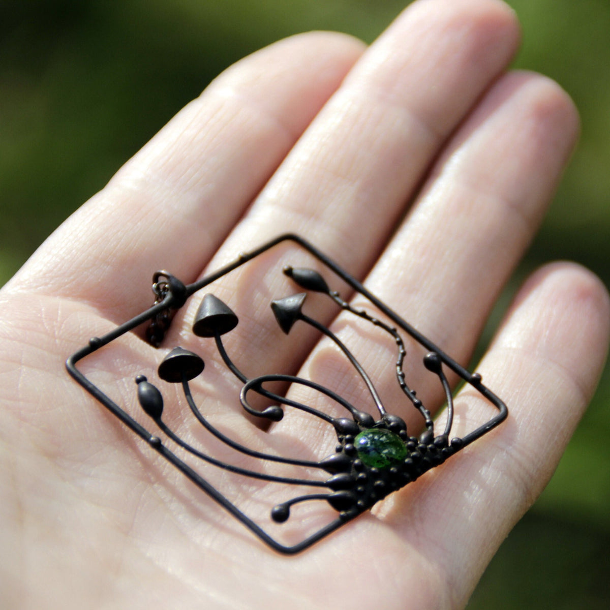 Green Glass Mushroom Necklace – Blackened Copper Square Forest Pendant – Psychedelic Botanical