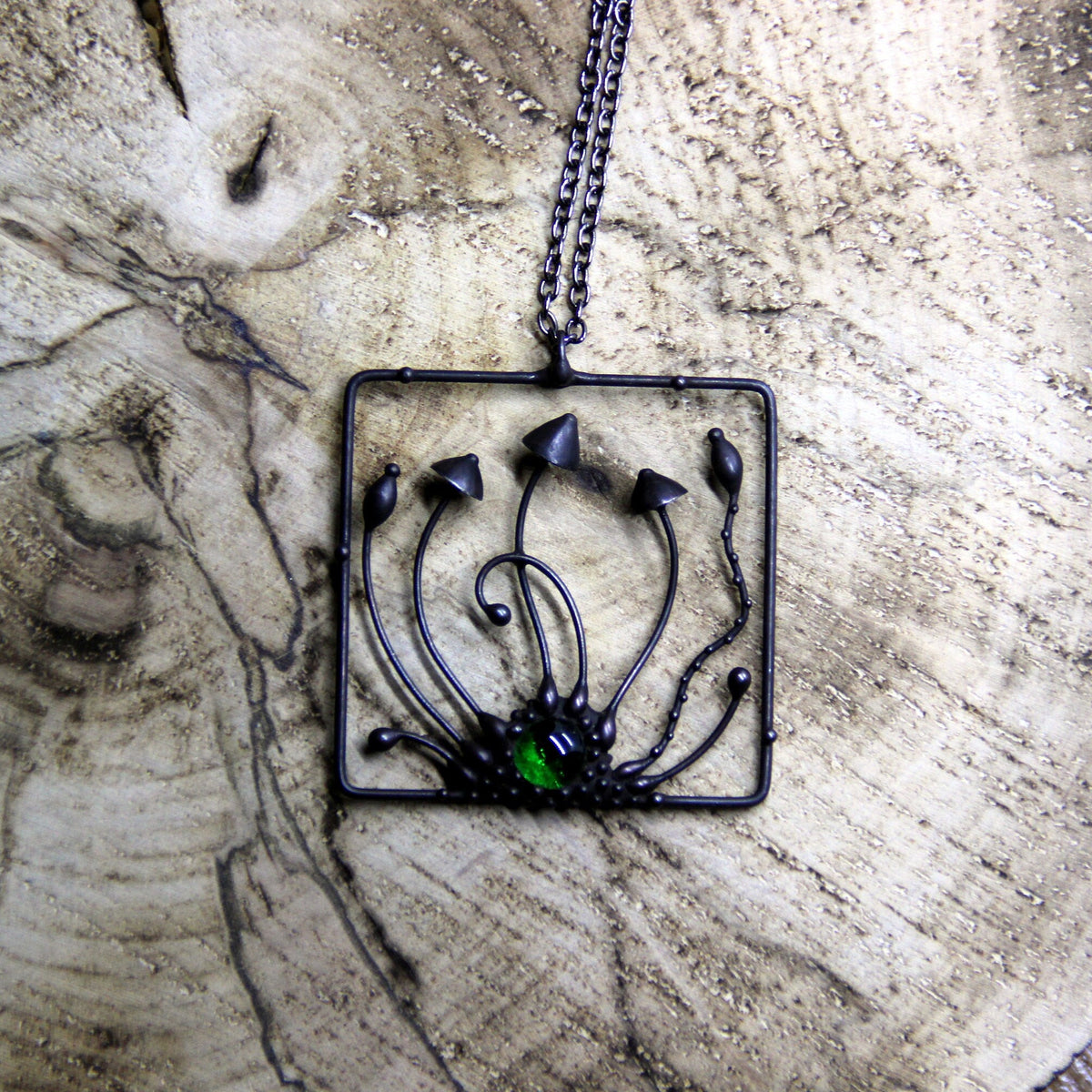 Green Glass Mushroom Necklace – Blackened Copper Square Forest Pendant – Psychedelic Botanical