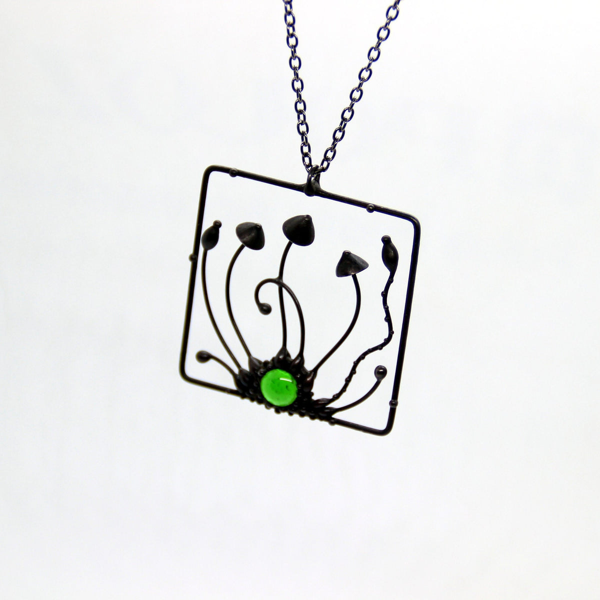 Green Glass Mushroom Necklace – Blackened Copper Square Forest Pendant – Psychedelic Botanical