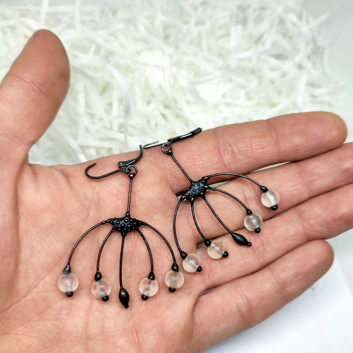 Clear Glass Flower Earrings – Blackened Copper Botanical Dangles – Boho