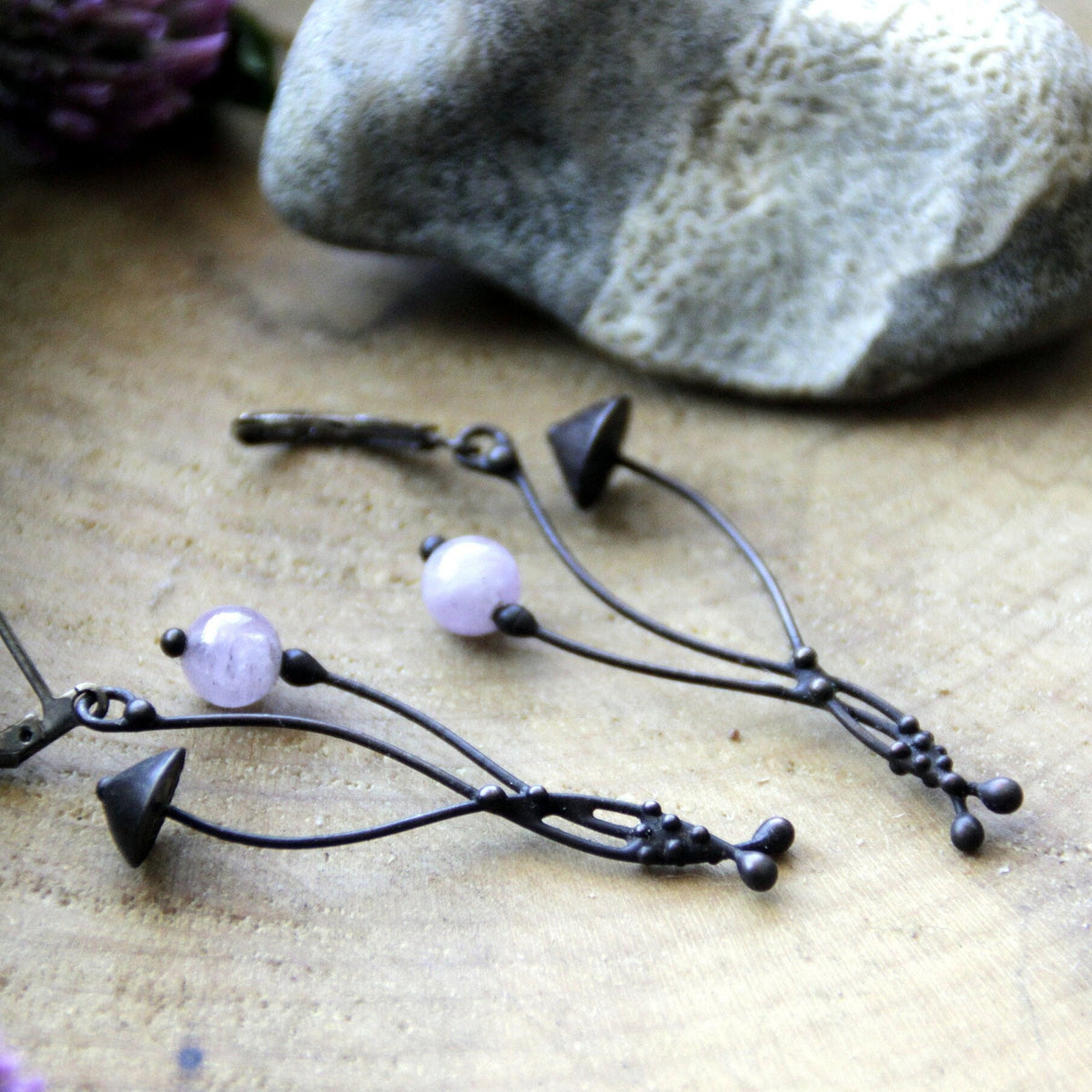 Rose Quartz Mushroom Earrings – Blackened Copper