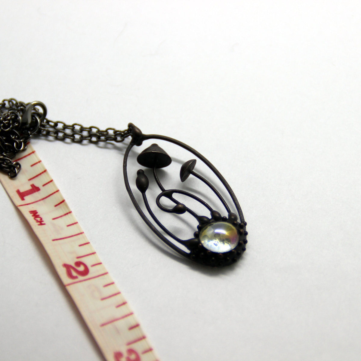 Clear Glass Mushroom Necklace – Blackened Copper & Pewter Oval Forest Pendant – Psychedelic