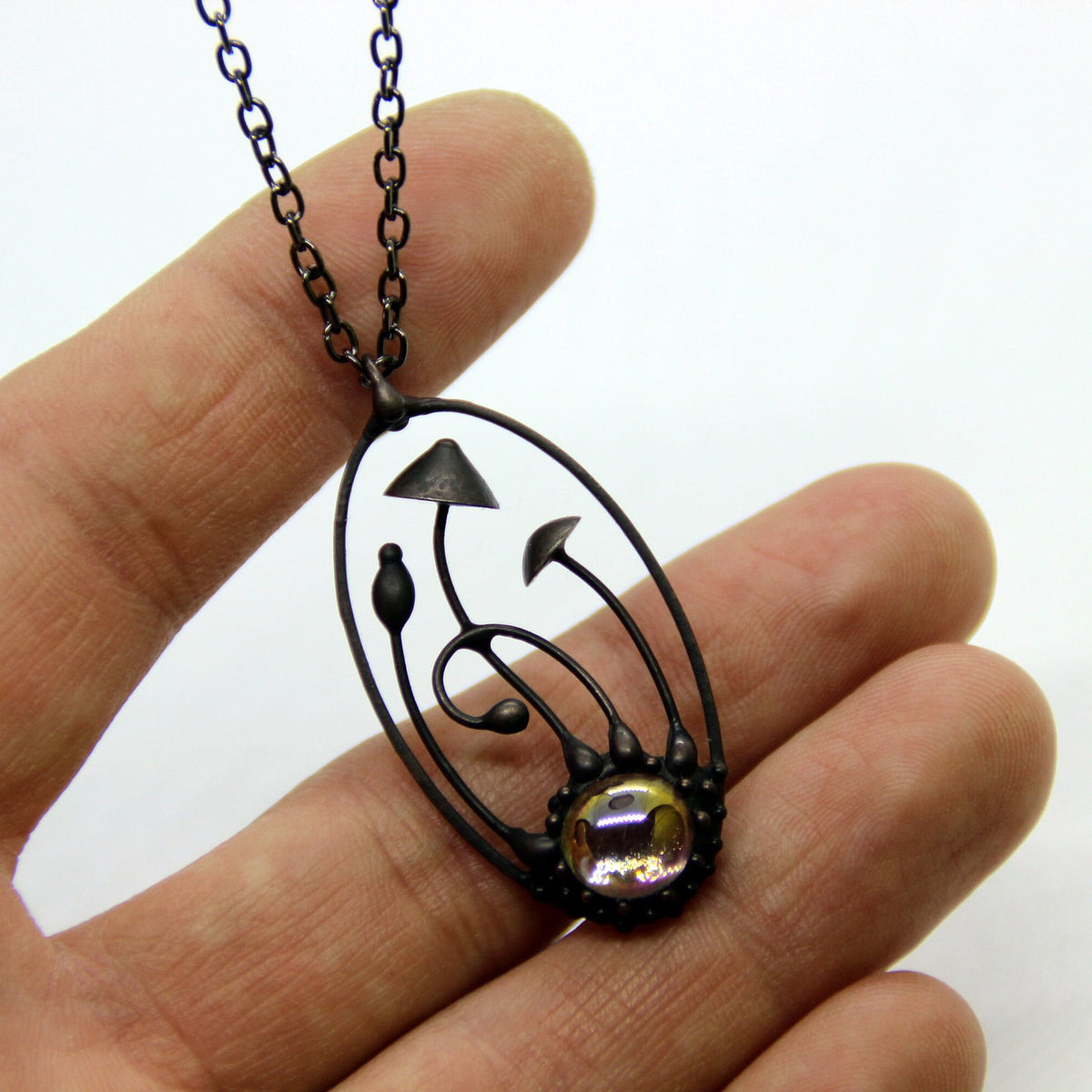 Clear Glass Mushroom Necklace – Blackened Copper & Pewter Oval Forest Pendant – Psychedelic
