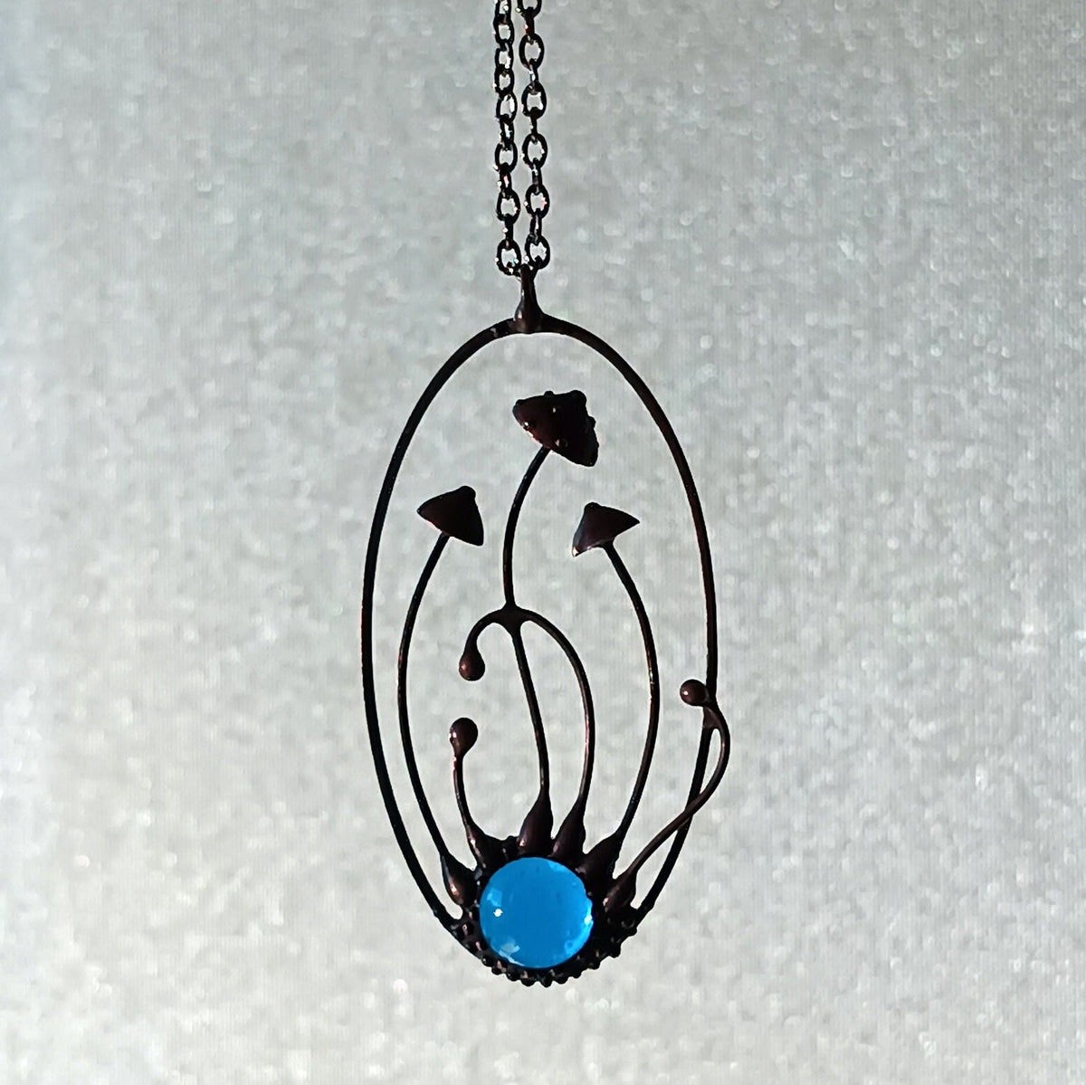 Blue Glass Amanita Mushroom Necklace – Blackened Copper Oval Forest Pendant – Botanical