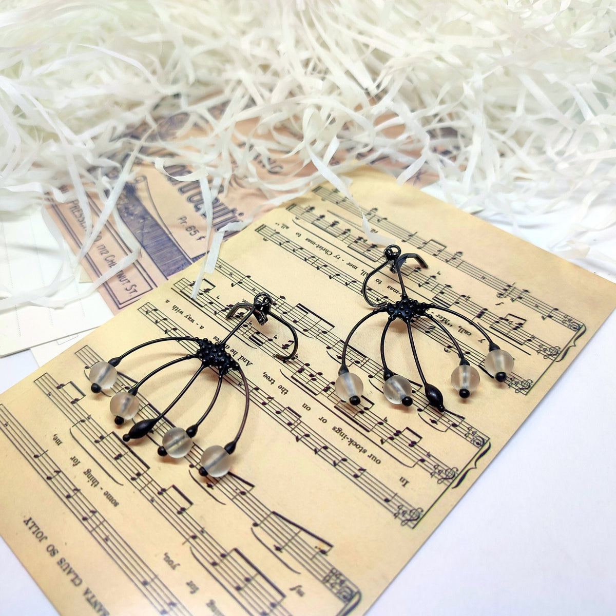 Clear Glass Flower Earrings – Blackened Copper Botanical Dangles – Boho
