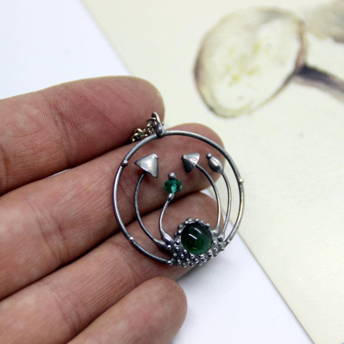 Green Glass Mushroom Necklace – Silver Tone Forest Pendant – Botanical Art Nouveau