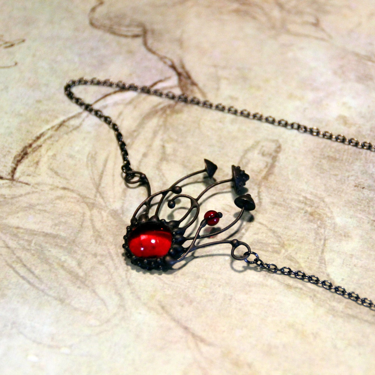 Red Glass Amanita Mushroom Cluster Necklace – Blackened Copper