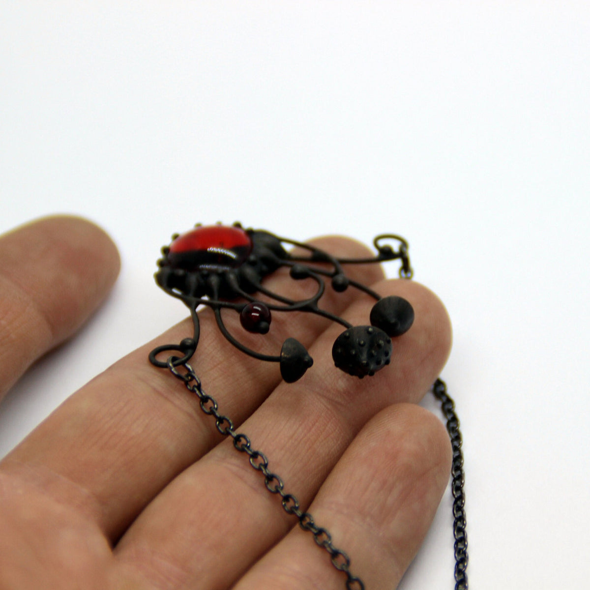 Red Glass Amanita Mushroom Cluster Necklace – Blackened Copper