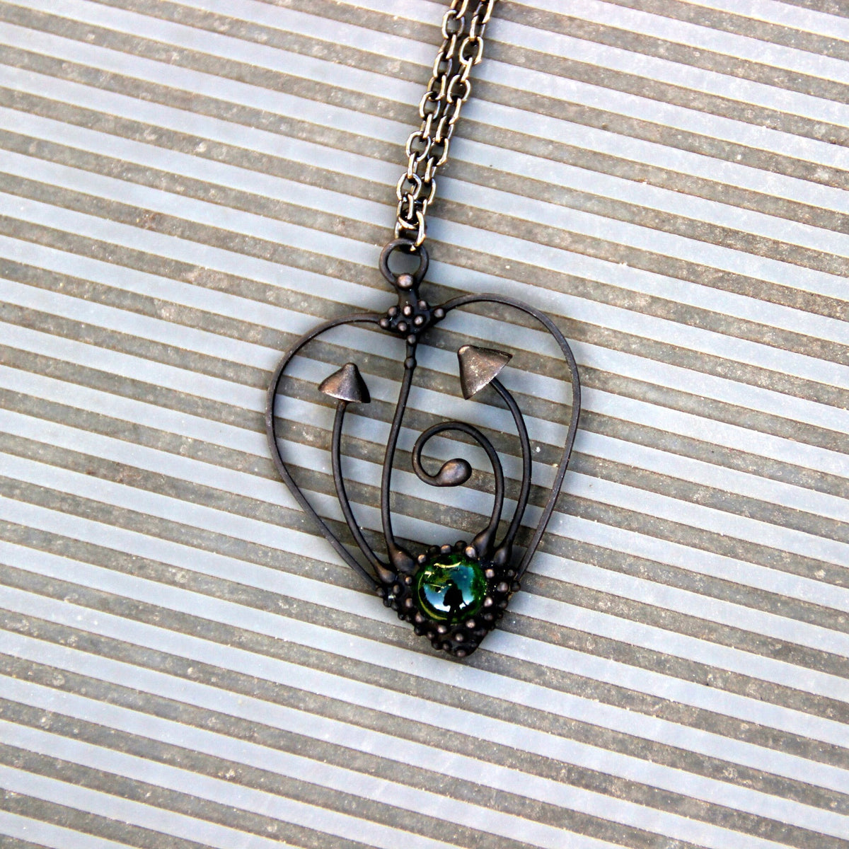 Green Glass Mushroom Heart Necklace – Blackened Copper