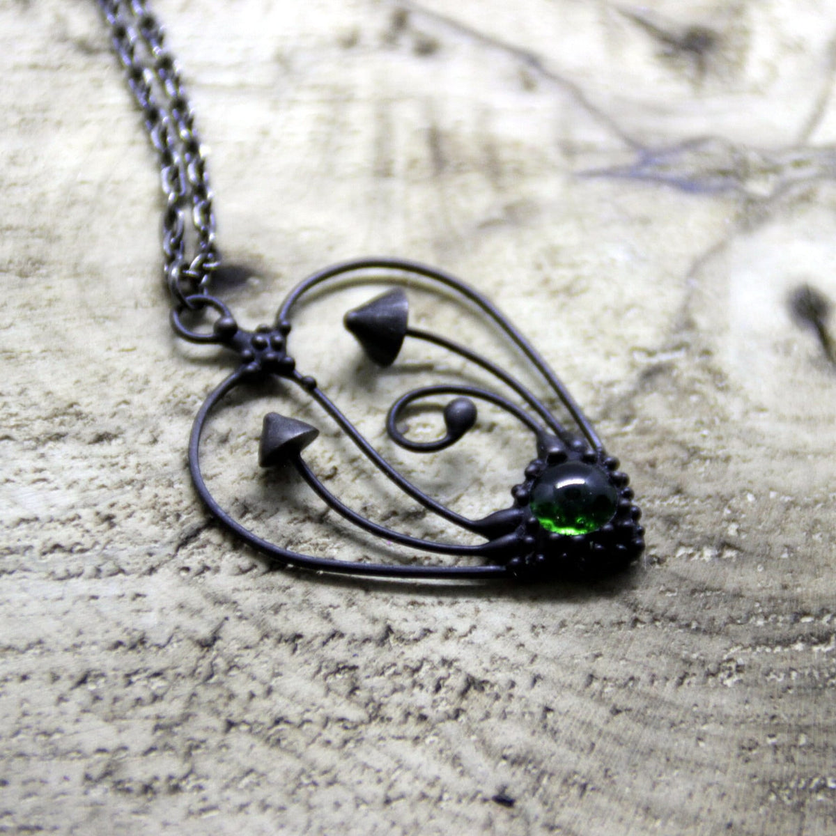 Green Glass Mushroom Heart Necklace – Blackened Copper