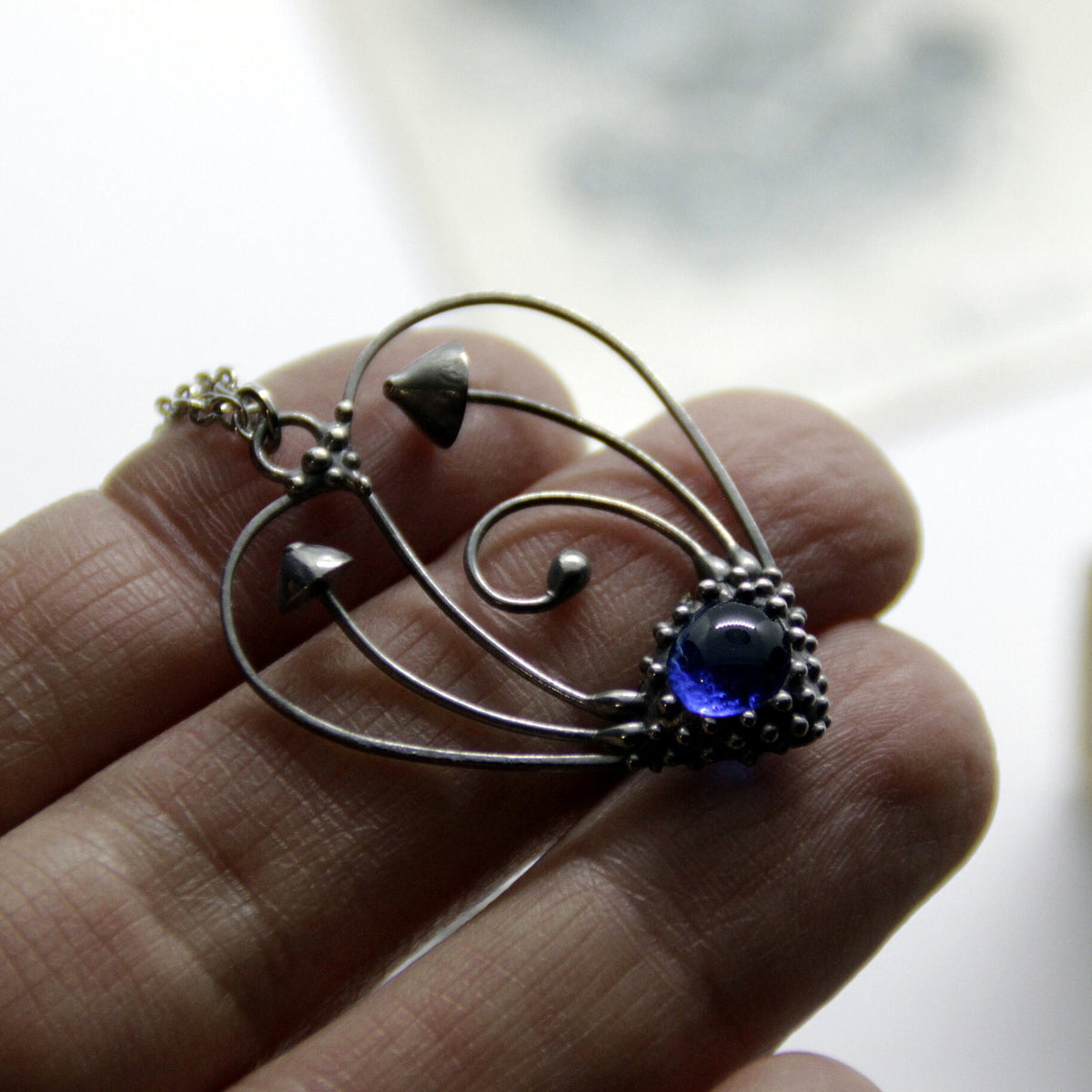 Blue Glass Mushroom Heart Necklace – Silver Tone