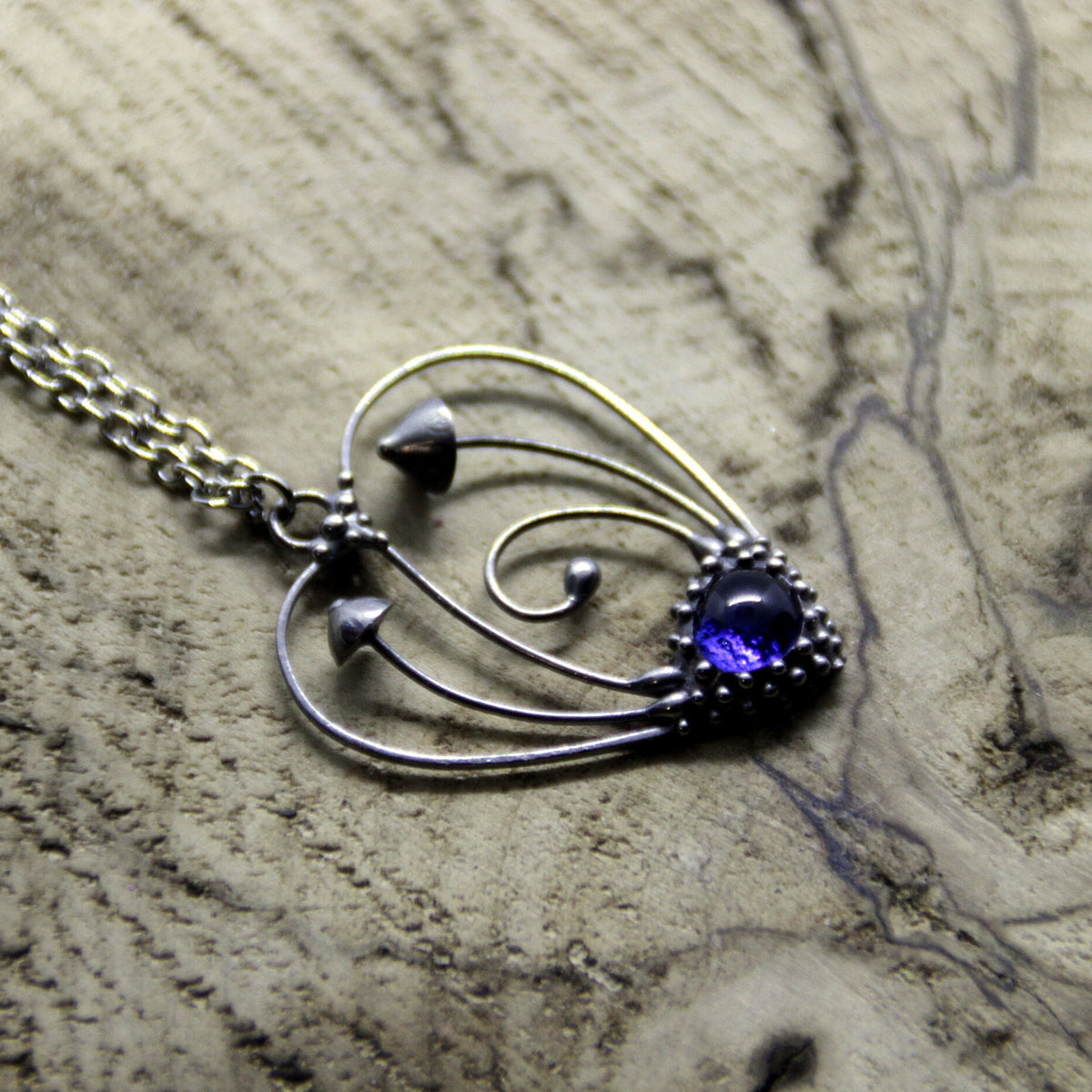 Blue Glass Mushroom Heart Necklace – Silver Tone