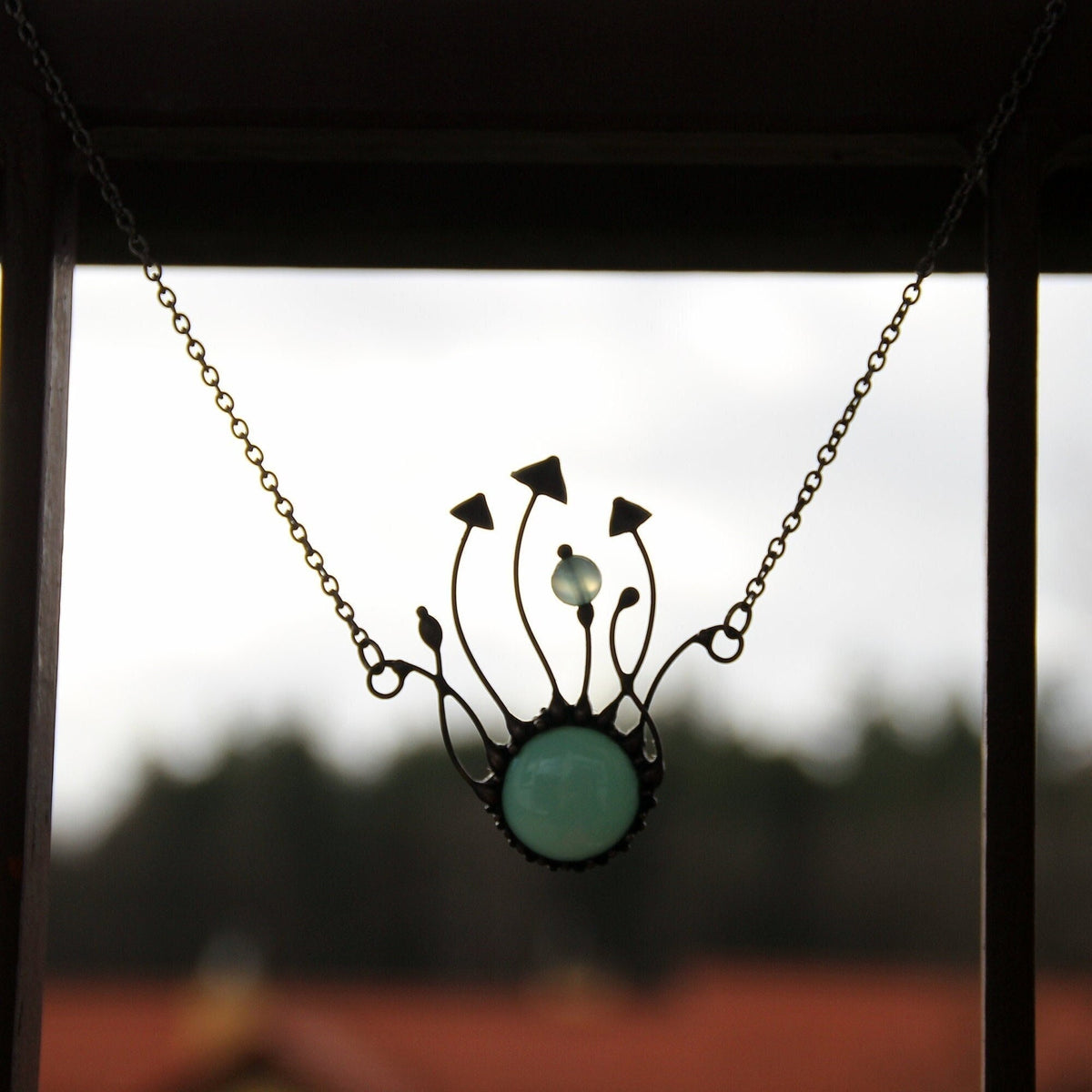 Blue Glass Mushroom Necklace – Blackened Copper Forest Pendant – Psychedelic Botanical