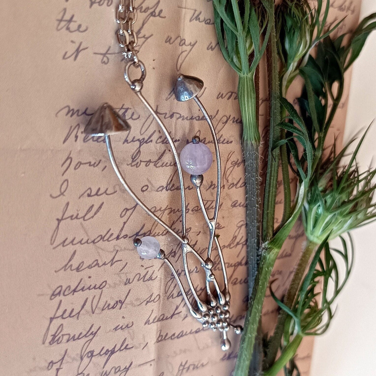 Rose Quartz Mushroom Necklace – Silver Tone