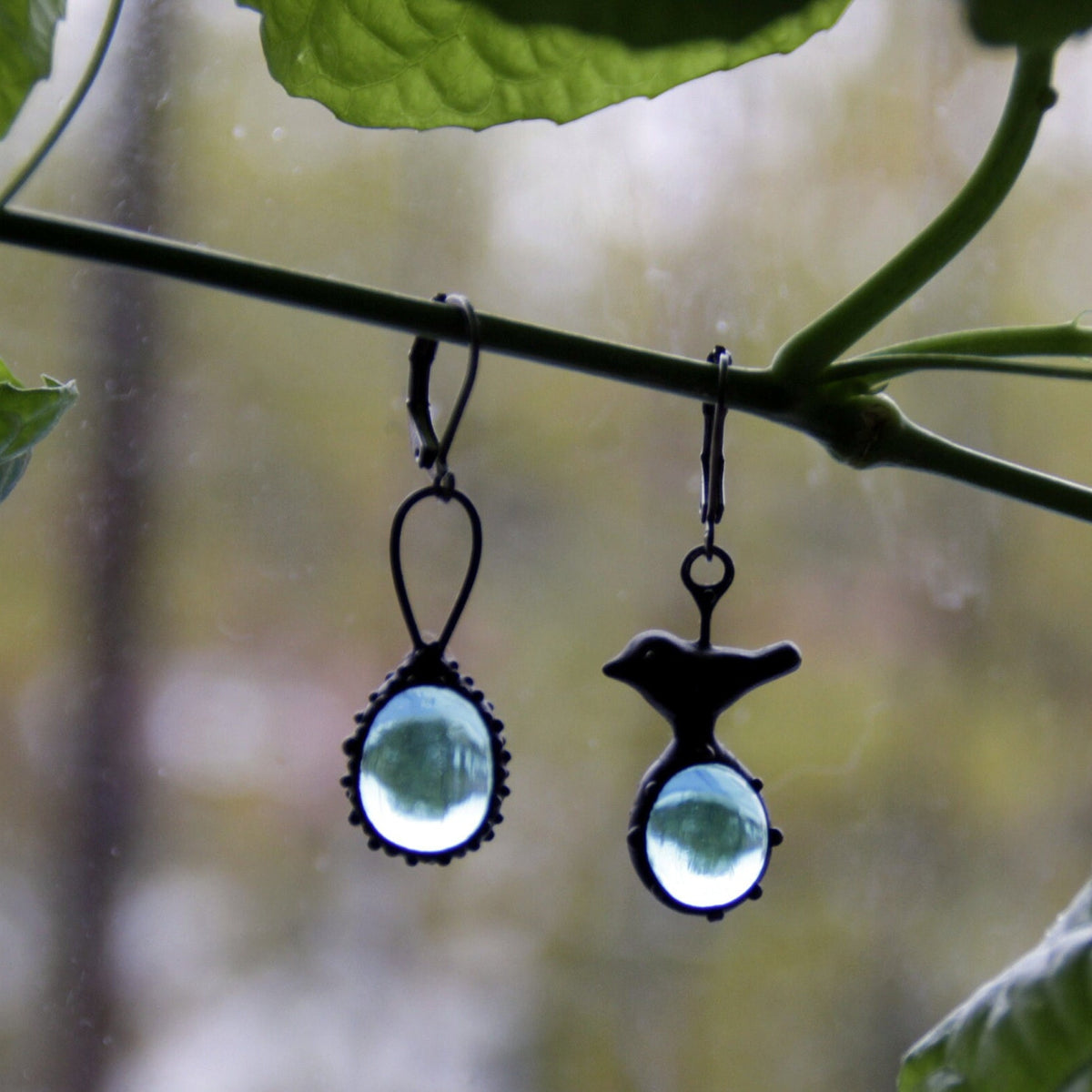 Blue Glass Asymmetrical Bird Earrings – Blackened Copper