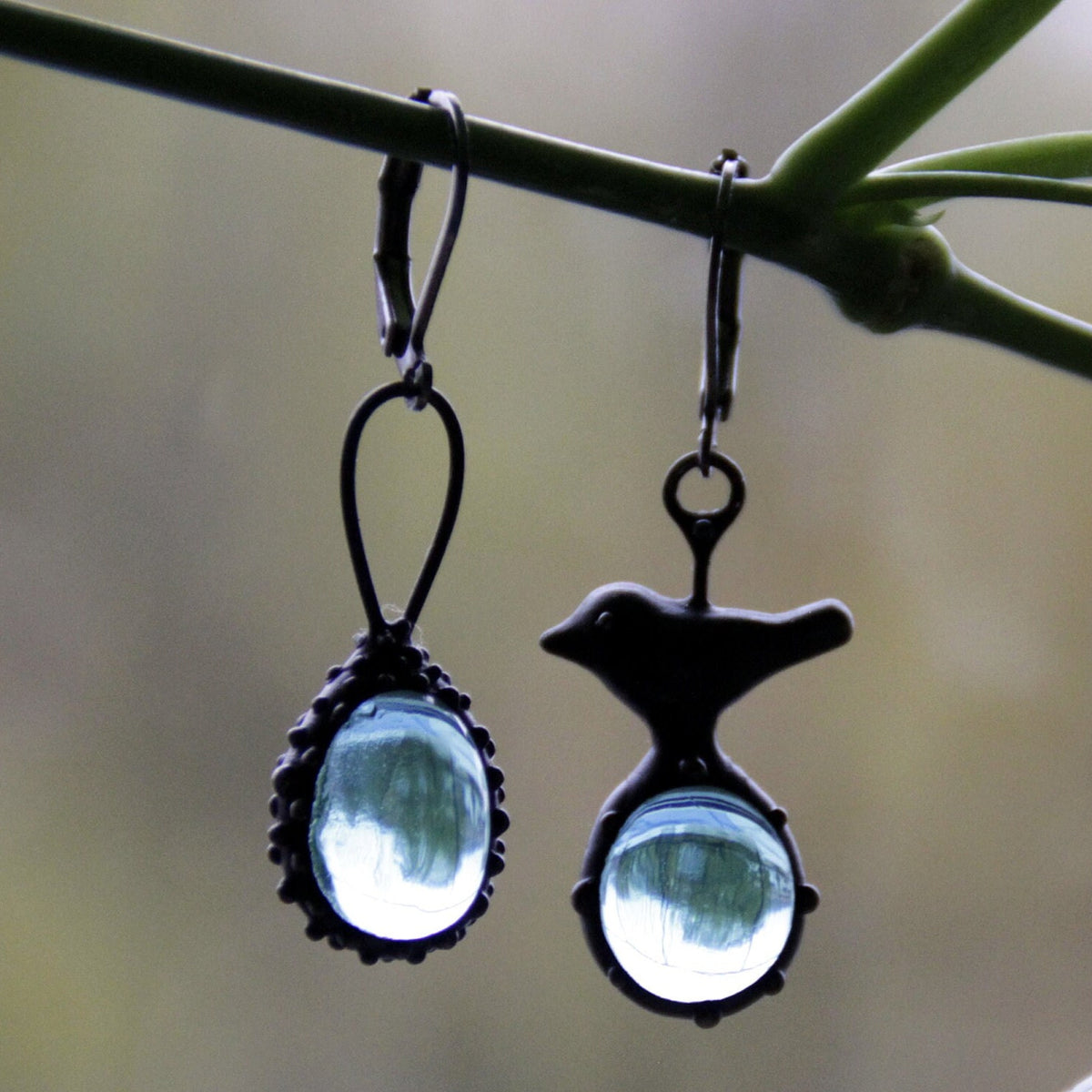 Blue Glass Asymmetrical Bird Earrings – Blackened Copper