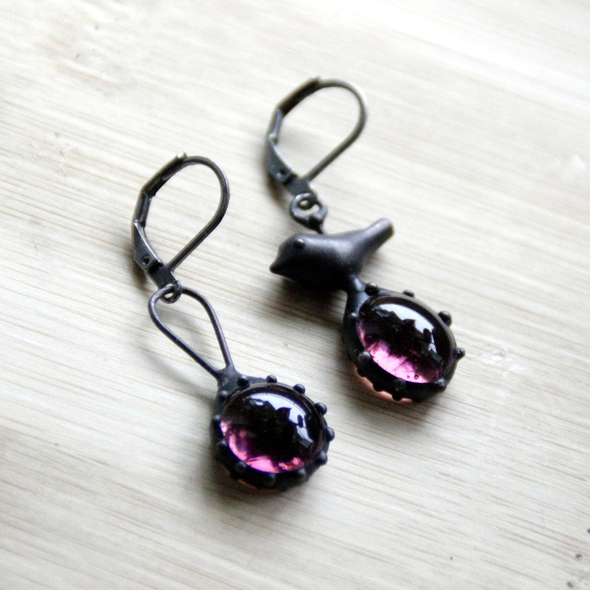 Purple Glass Asymmetrical Bird Earrings – Blackened Copper