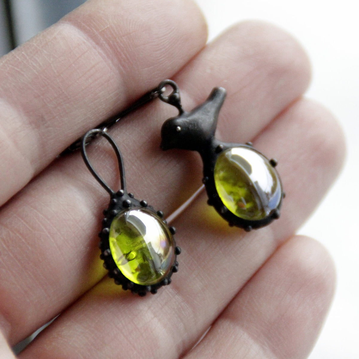 Green Glass Asymmetrical Bird Earrings – Blackened Copper