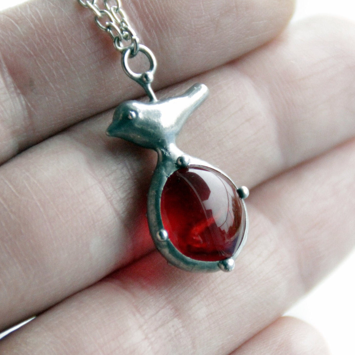 Red Glass Bird Necklace – Silver Tone