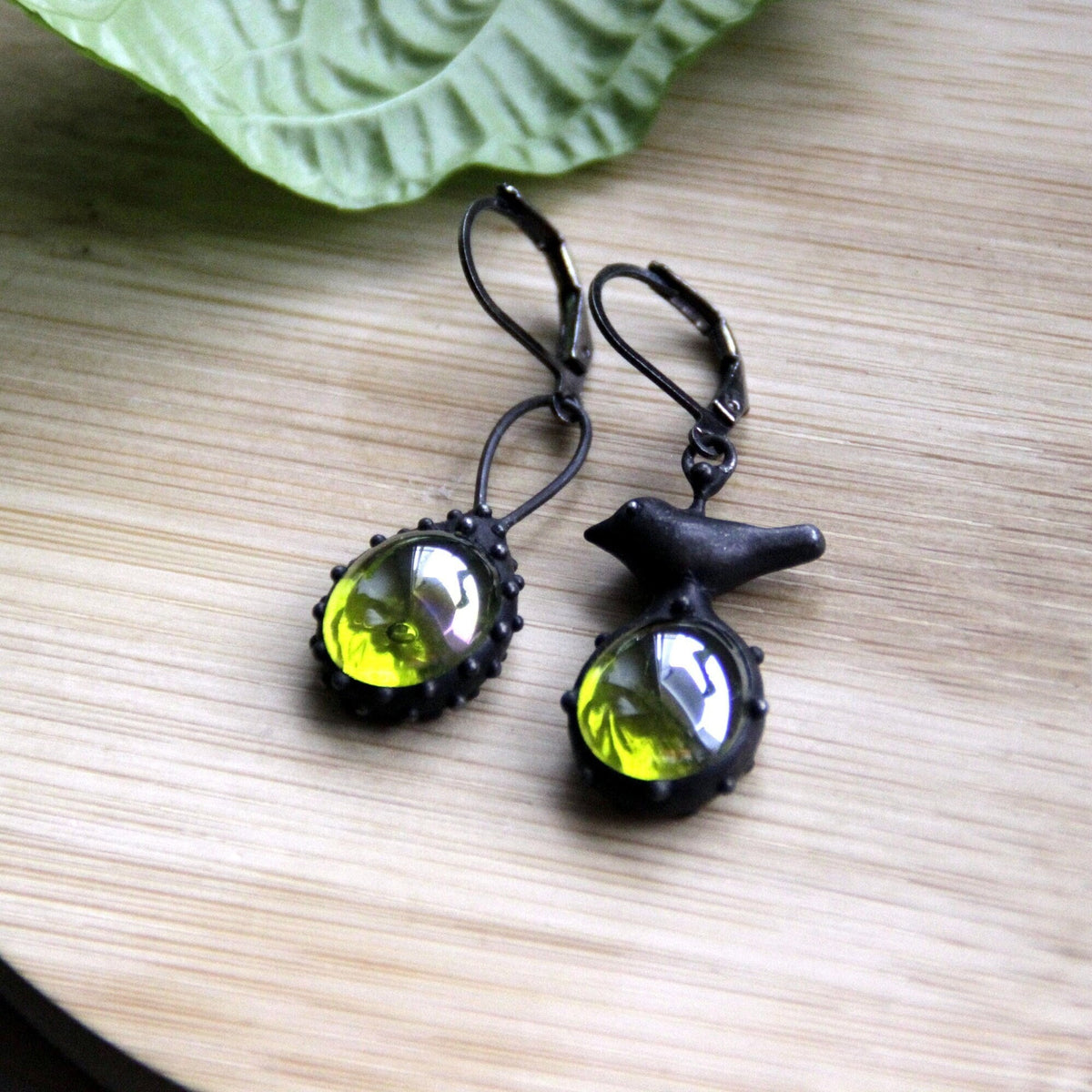 Green Glass Asymmetrical Bird Earrings – Blackened Copper