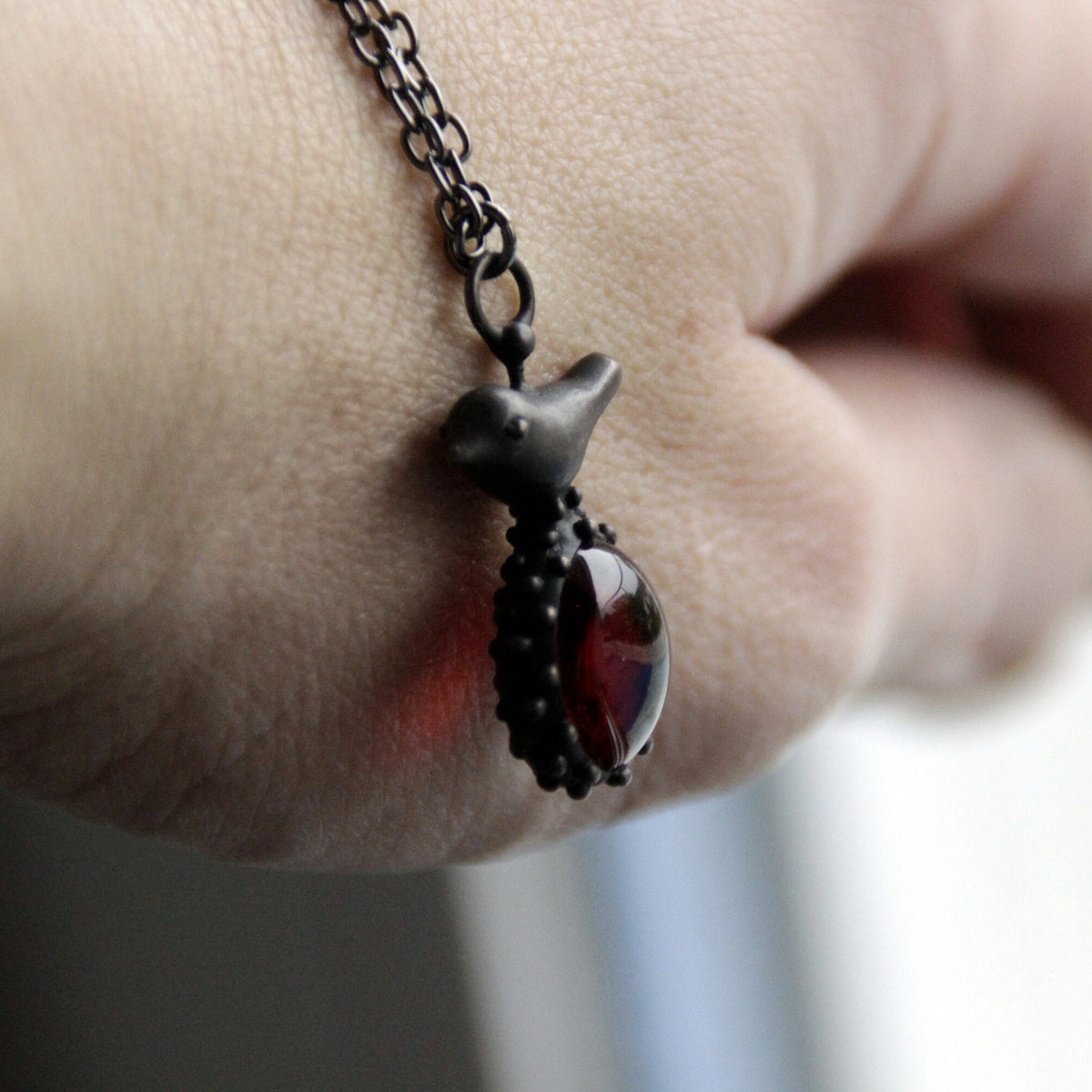 Red Glass Bird Necklace – Blackened Copper & Pewter Raindrop Pendant – Forest