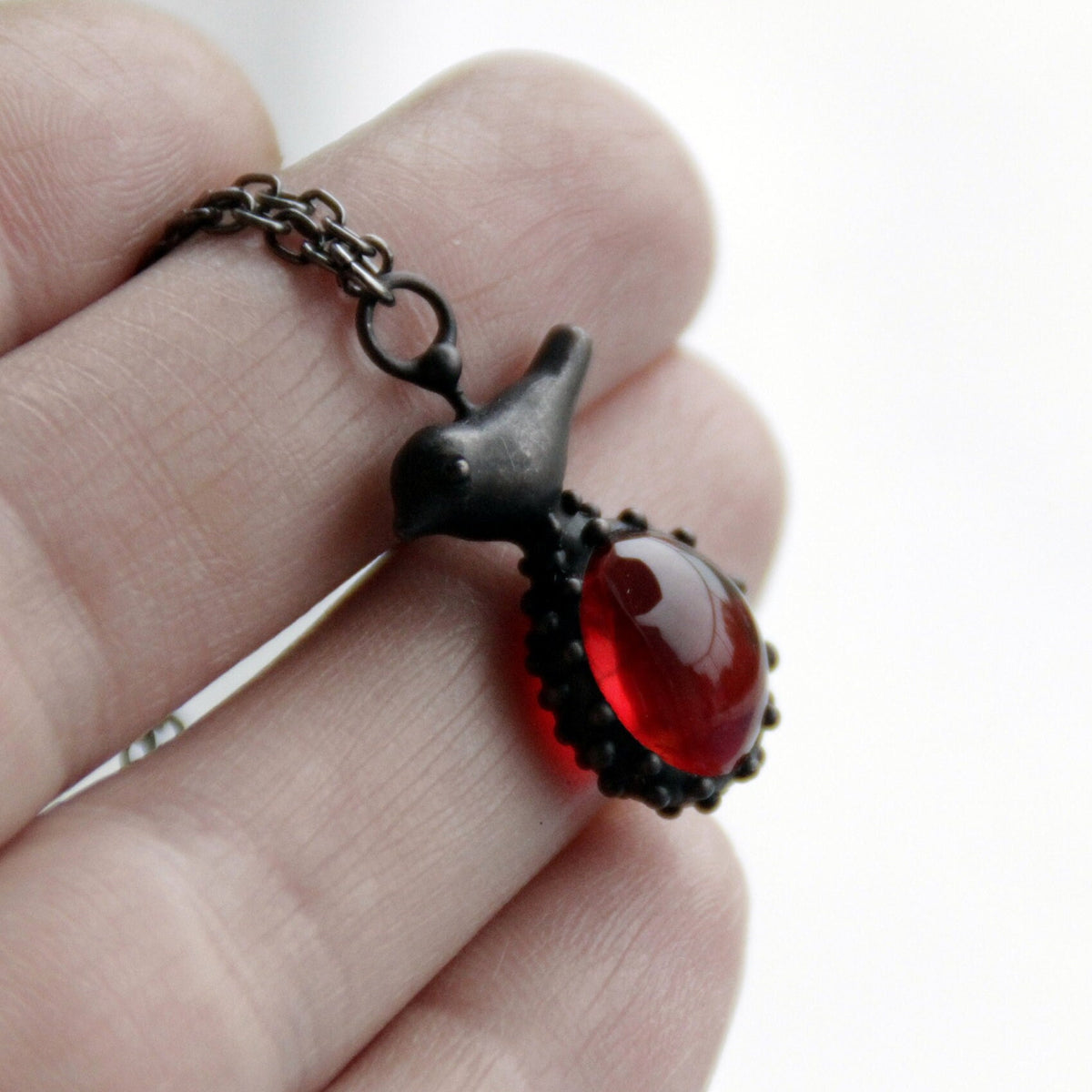 Red Glass Bird Necklace – Blackened Copper & Pewter Raindrop Pendant – Forest