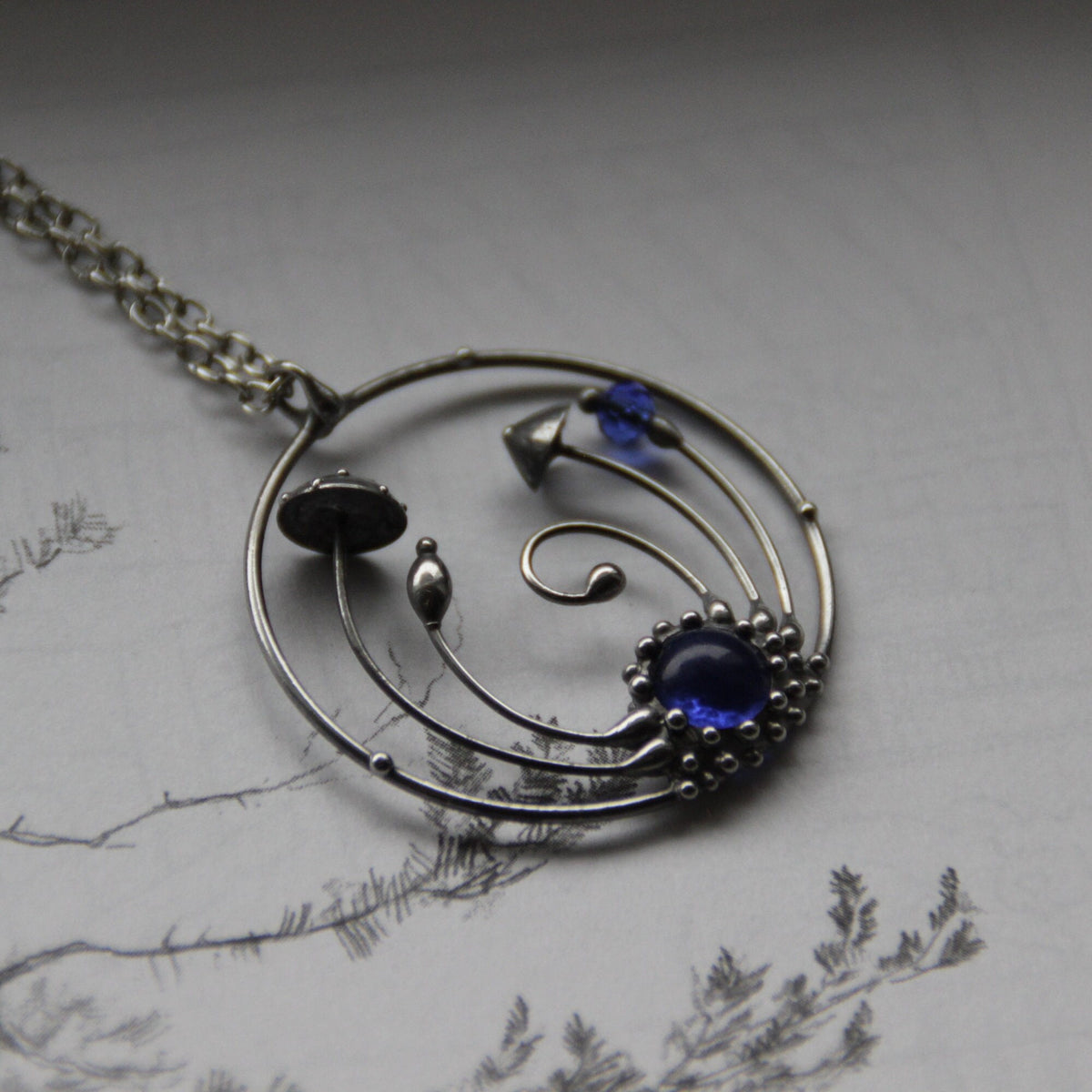 Blue Stained Glass Amanita Mushroom Circle Necklace – Silver Tone