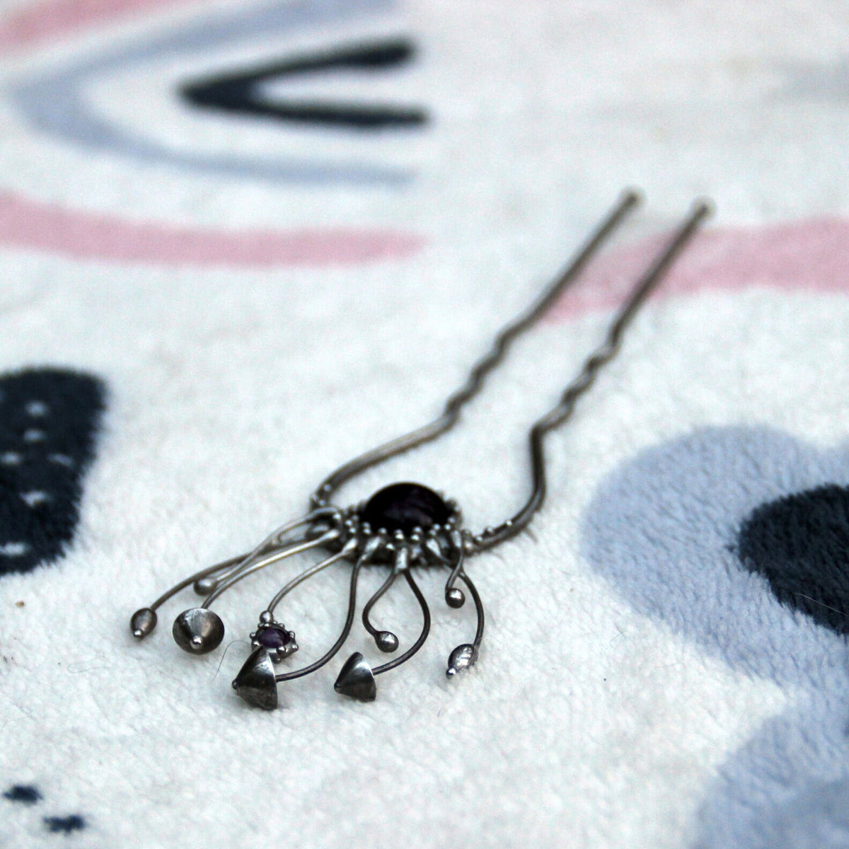 Amethyst Mushroom Hair Pin – Silver Tone
