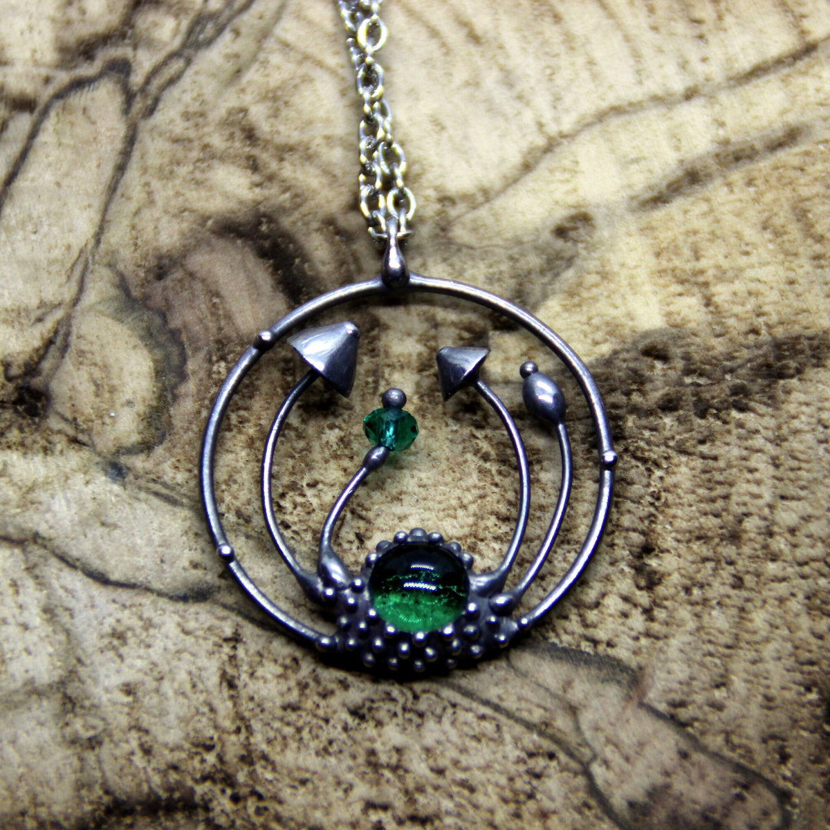 Green Glass Mushroom Necklace – Silver Tone Forest Pendant – Botanical Art Nouveau