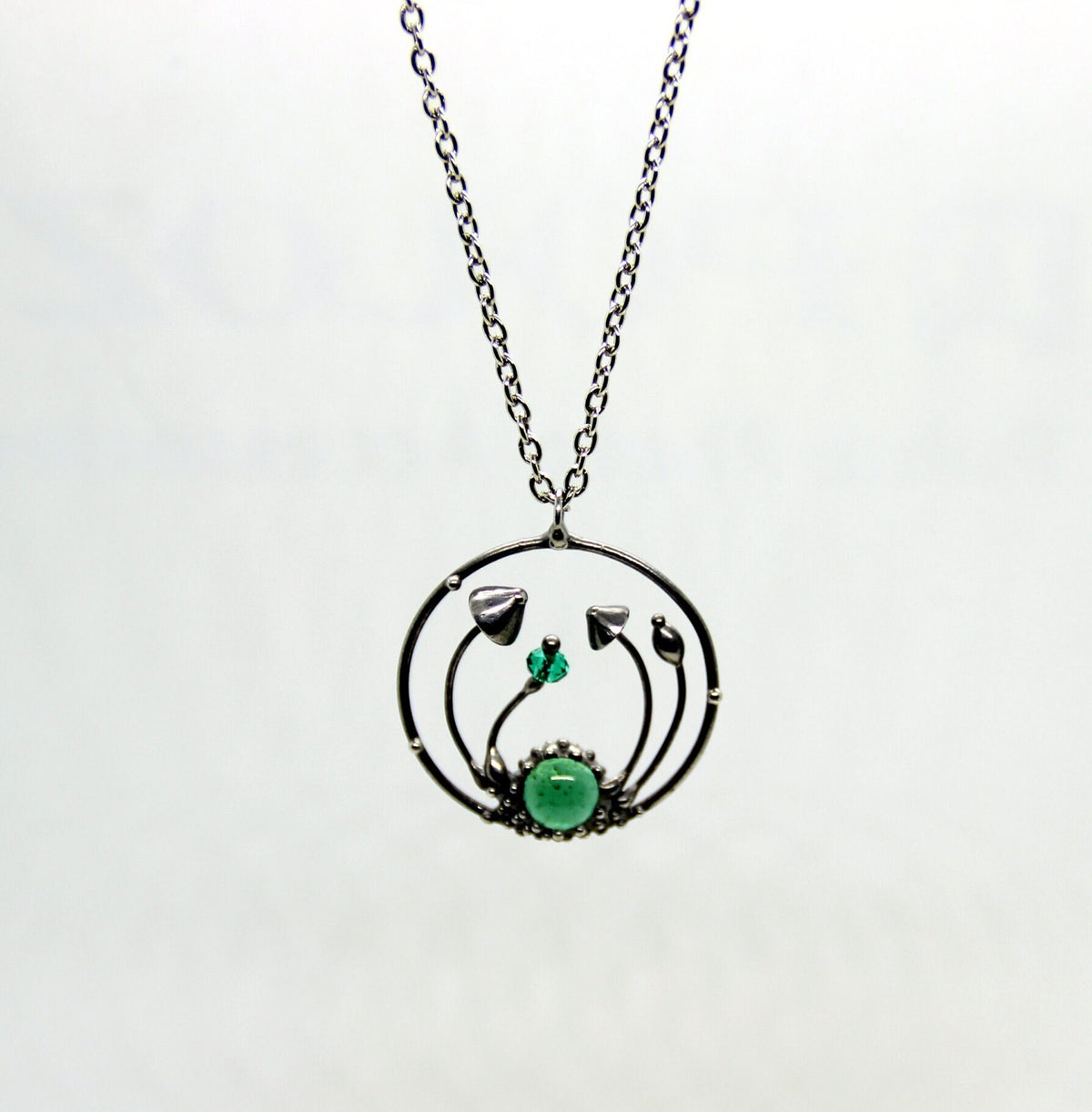 Green Glass Mushroom Necklace – Silver Tone Forest Pendant – Botanical Art Nouveau