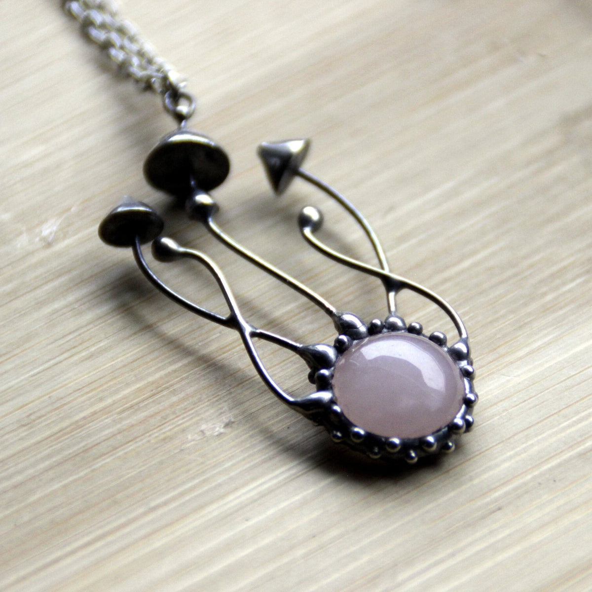 Pink Quartz Mushroom Cluster Necklace – Silver Tone