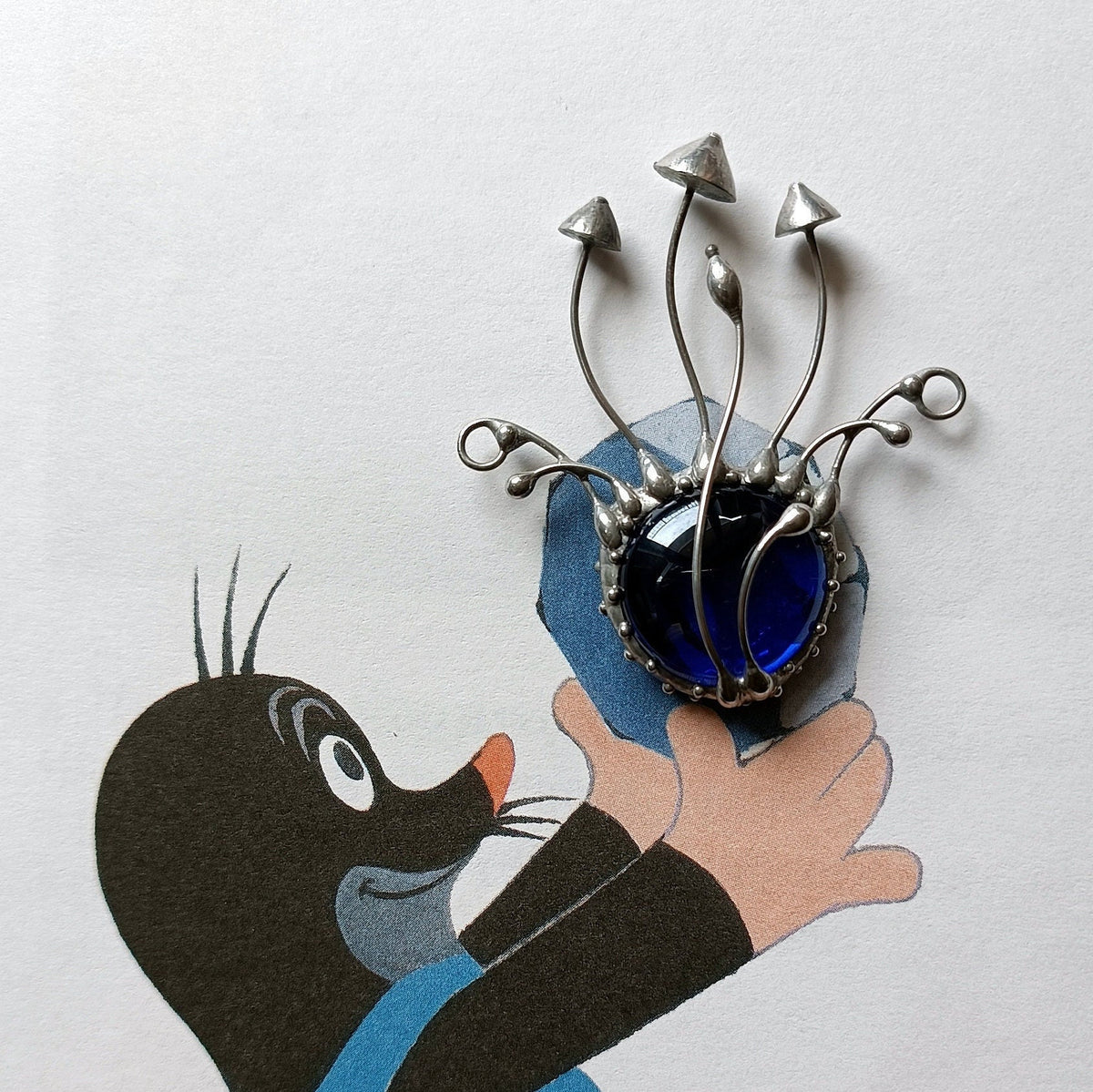 Blue Glass Mushroom Necklace – Silver Tone Copper & Pewter Forest Pendant – Botanical