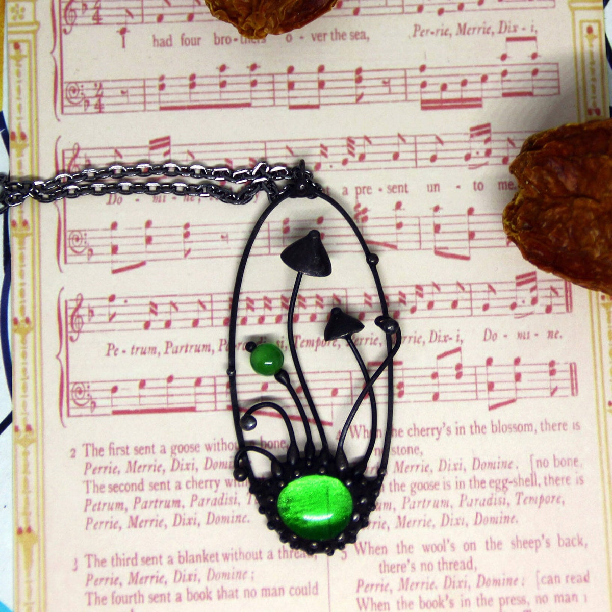 Two Mushroom Green Glass Oval Necklace – Blackened Copper