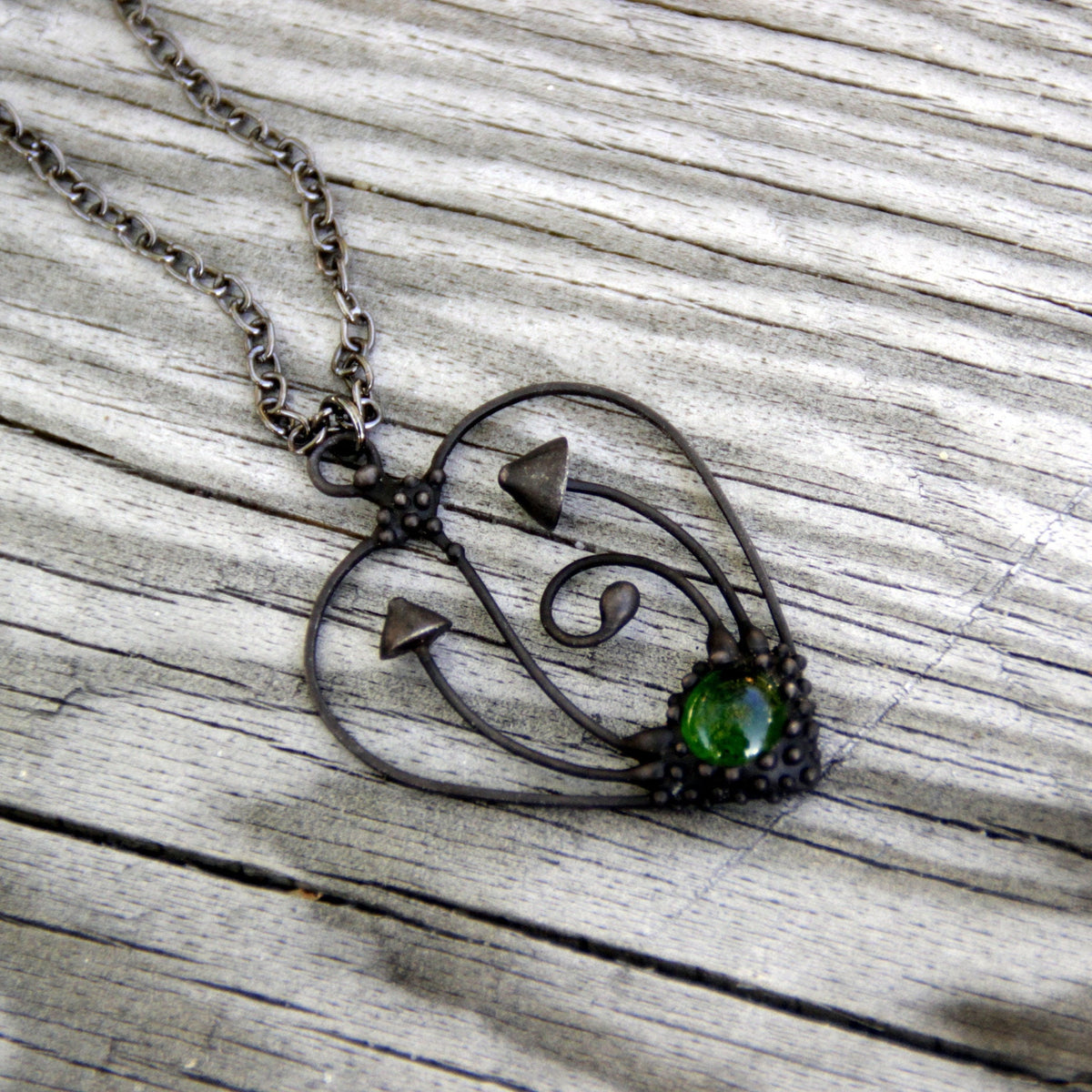Green Glass Mushroom Heart Necklace – Blackened Copper