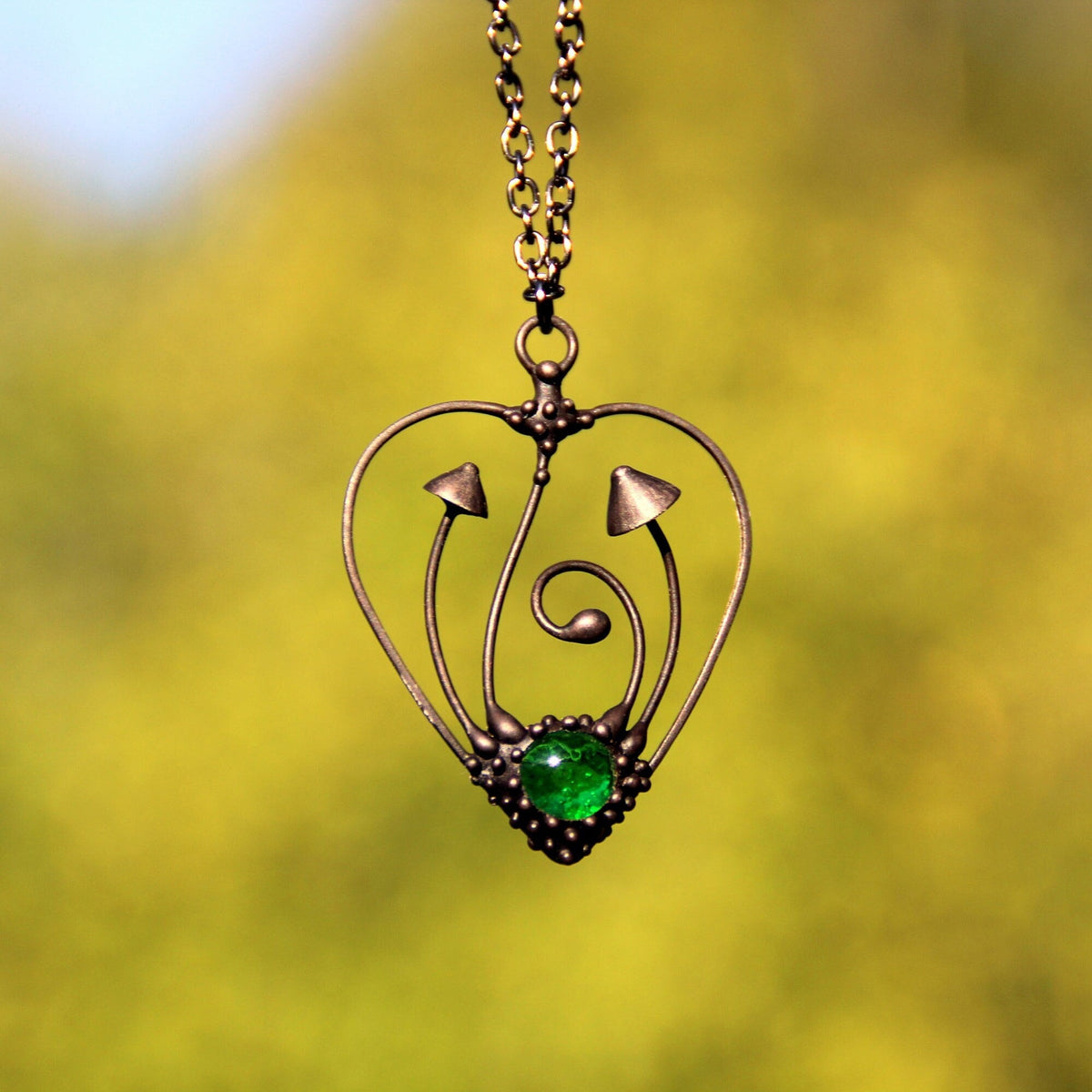 Green Glass Mushroom Heart Necklace – Blackened Copper