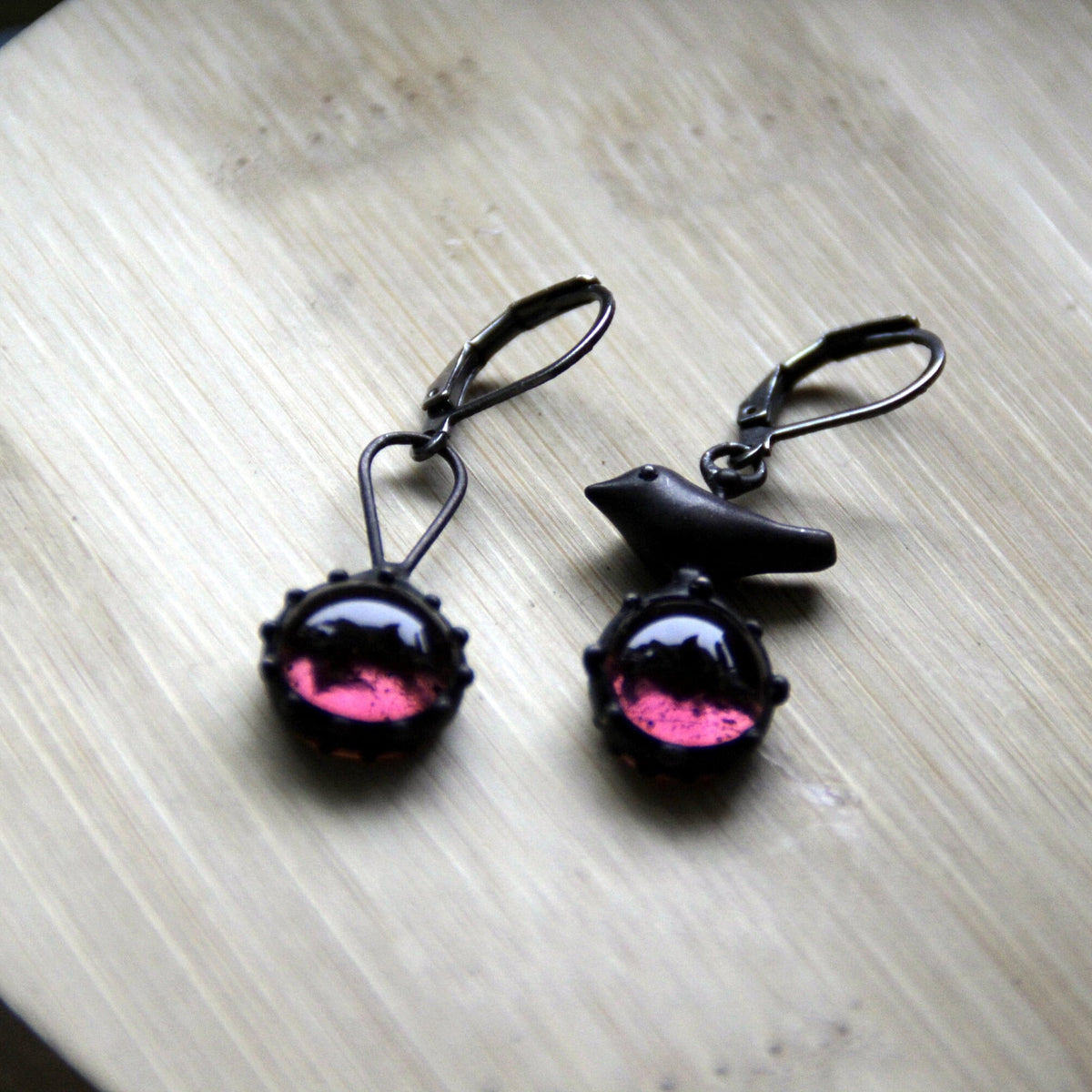 Purple Glass Asymmetrical Bird Earrings – Blackened Copper