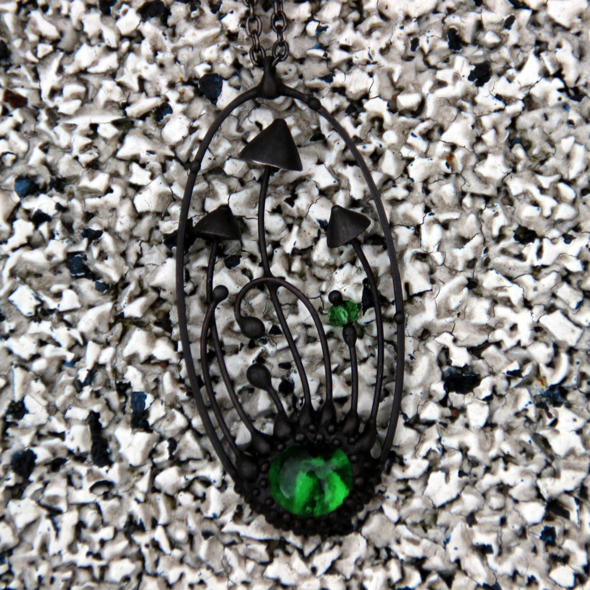 Green Glass Mushroom Necklace – Blackened Copper Oval Forest Pendant – Botanical