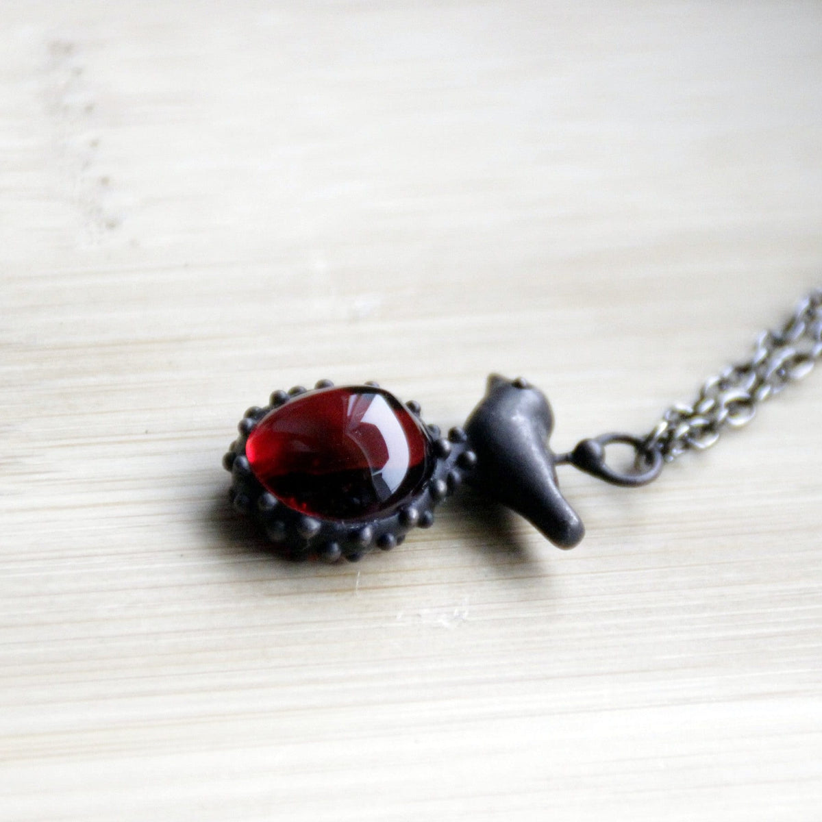 Red Glass Bird Necklace – Blackened Copper & Pewter Raindrop Pendant – Forest