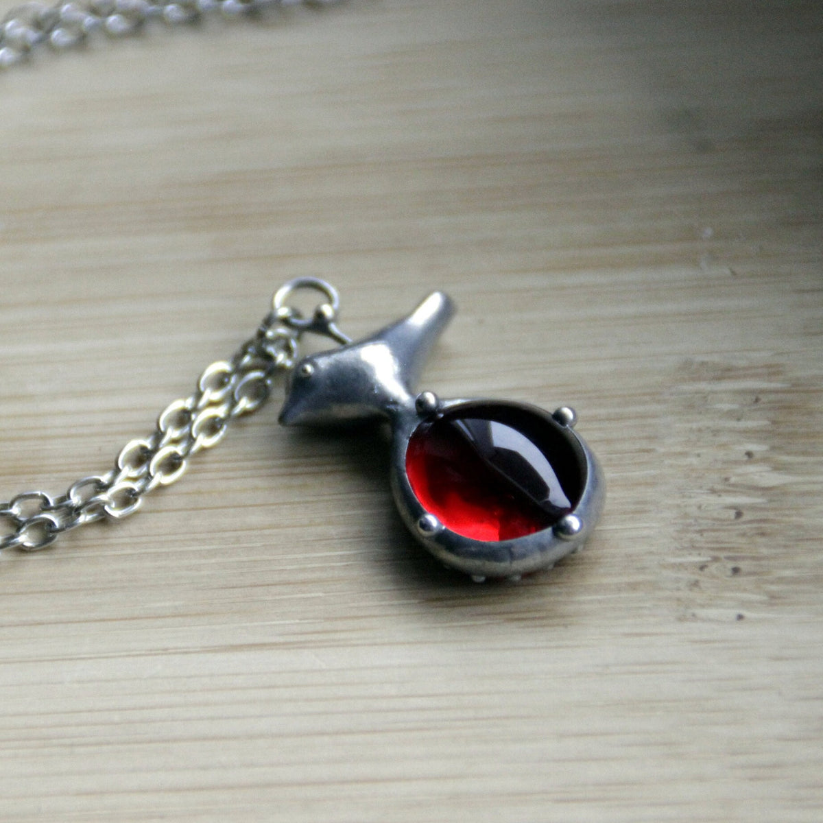 Red Glass Bird Necklace – Silver Tone