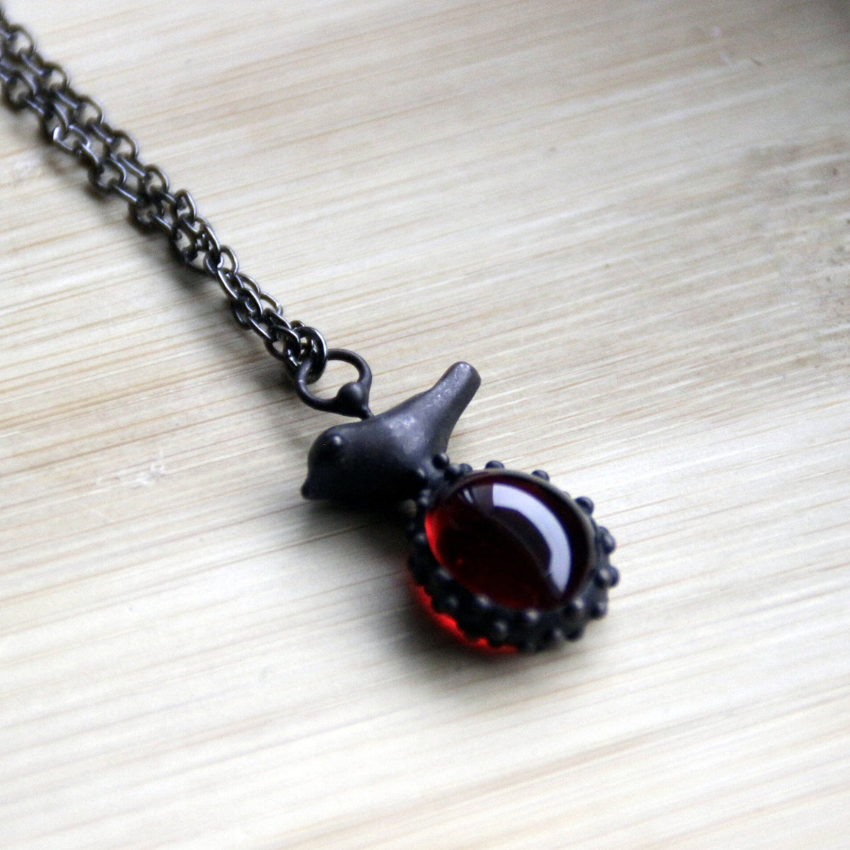 Red Glass Bird Necklace – Blackened Copper & Pewter Raindrop Pendant – Forest