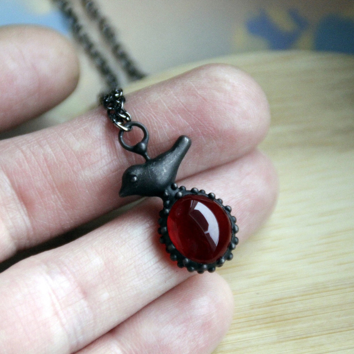 Red Glass Bird Necklace – Blackened Copper & Pewter Raindrop Pendant – Forest