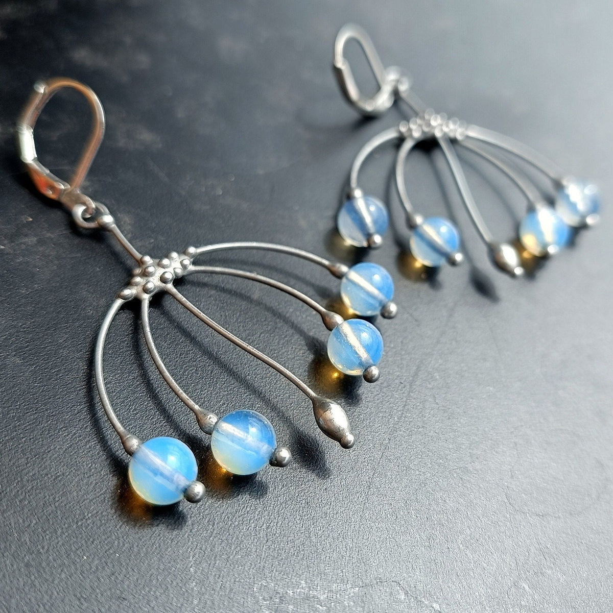 Blue Glass Branch Earrings – Silver Tone