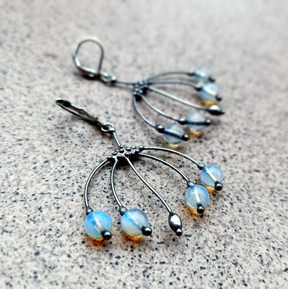 Blue Glass Branch Earrings – Silver Tone