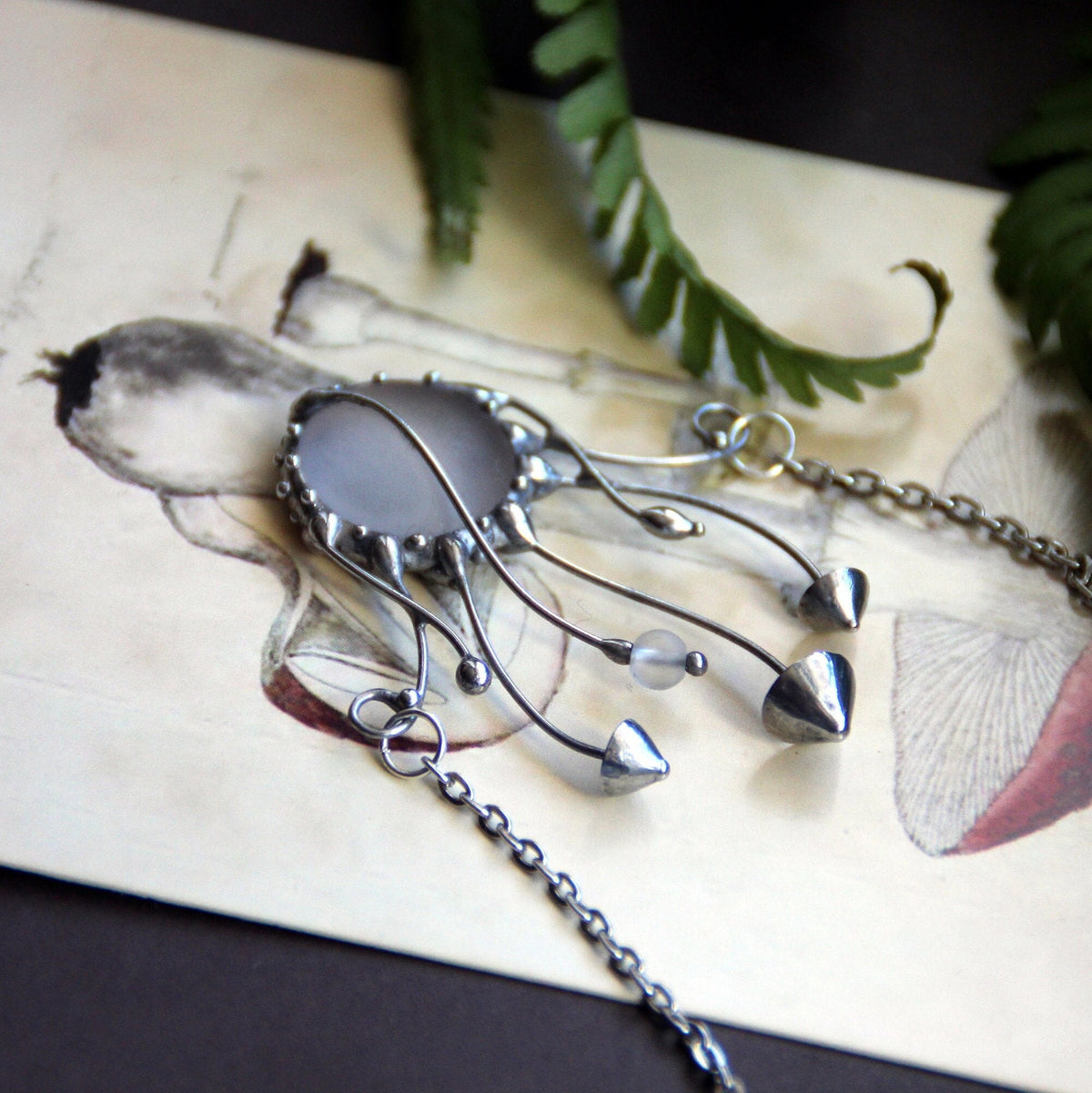 Frosted Glass Mushroom Necklace – Silver Tone
